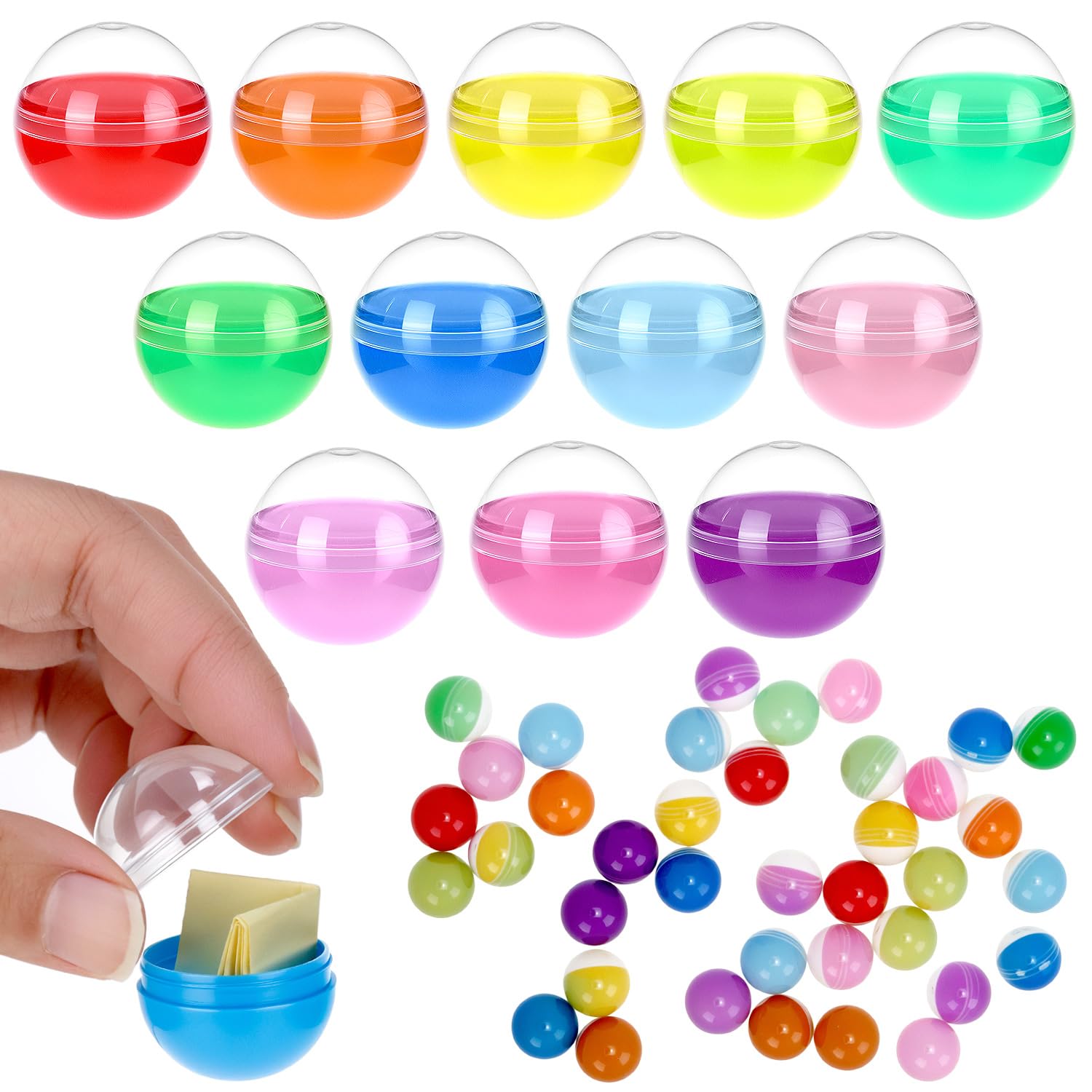 QWORK® 100 Pcs 28mm Round Empty Clear Colored Capsules for Vending and Gumball Machines - DIY Fillable Surprise Balls for Party Favors and Crafts