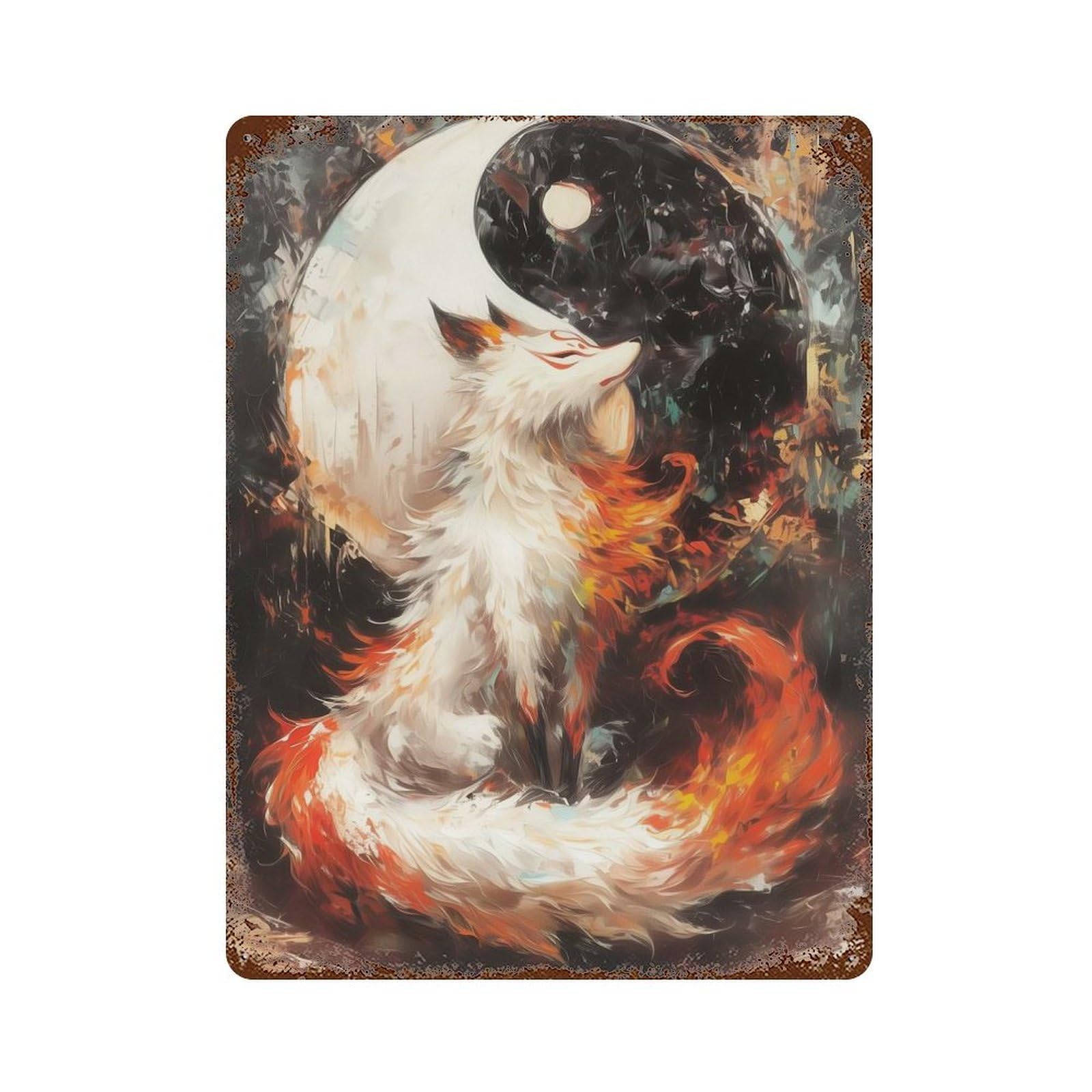 Kitsune And Yin Yang Vintage Metal Tin Sign 15.7"x11.8", Rustic Home Decor for Garage, Bar And Workshop Decor