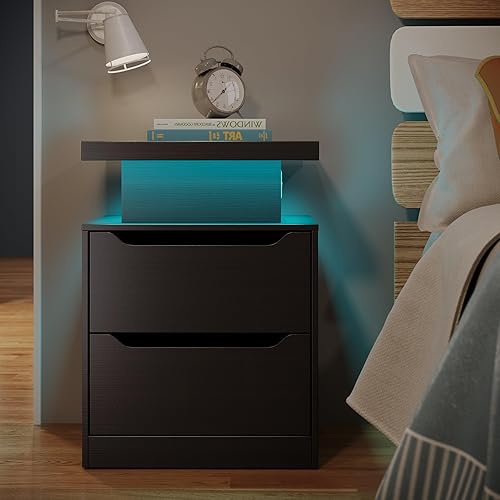 Gizoon Mesita de noche con estación de carga, 2 cajones, mesita de noche con luces LED, moderna mesita de noche de madera, mesa auxiliar con