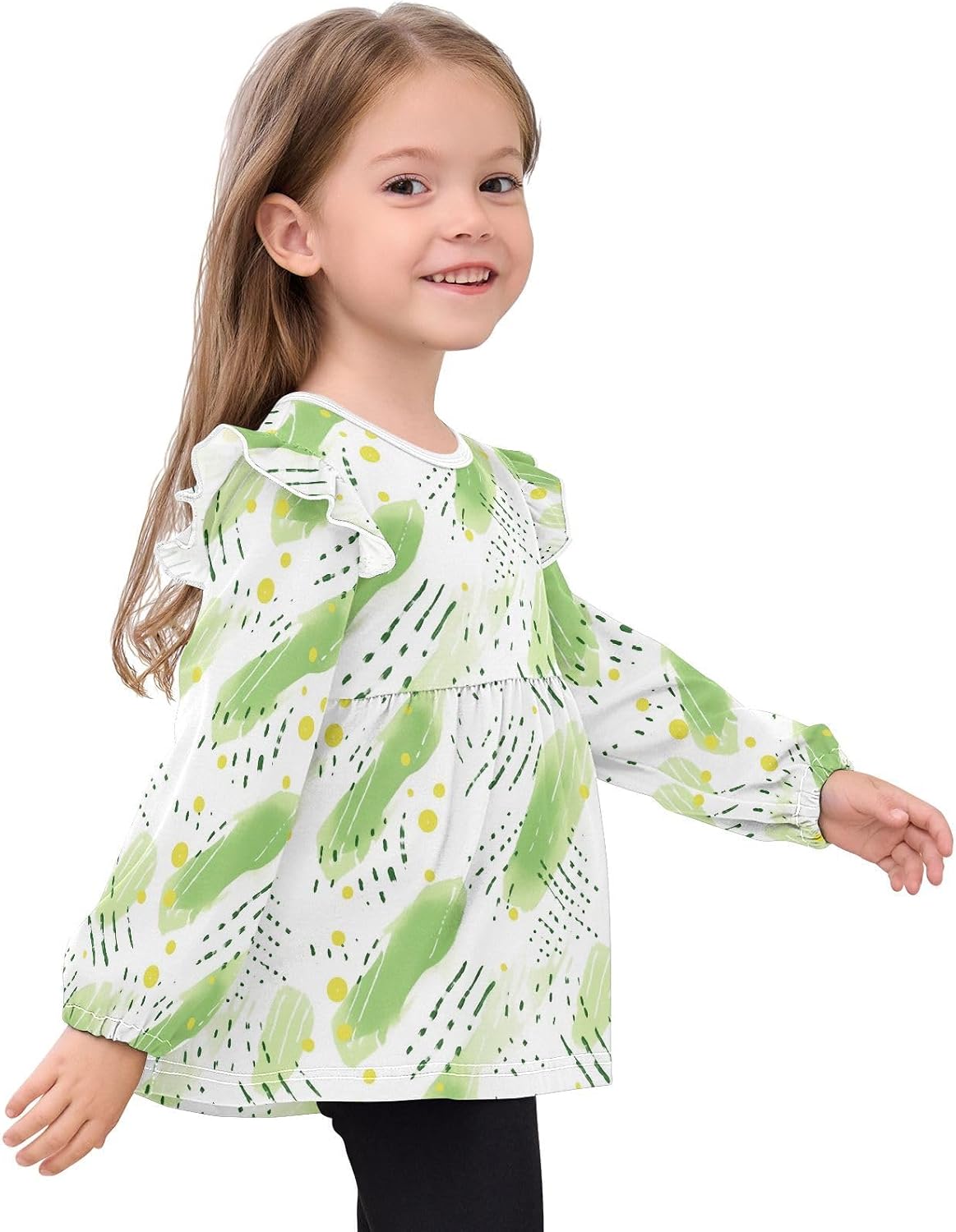 visesunny Toddler Clothes for Girls Simple Green Grass Long Sleeve Fall Shirts Cotton Top with Ruffle Collar
