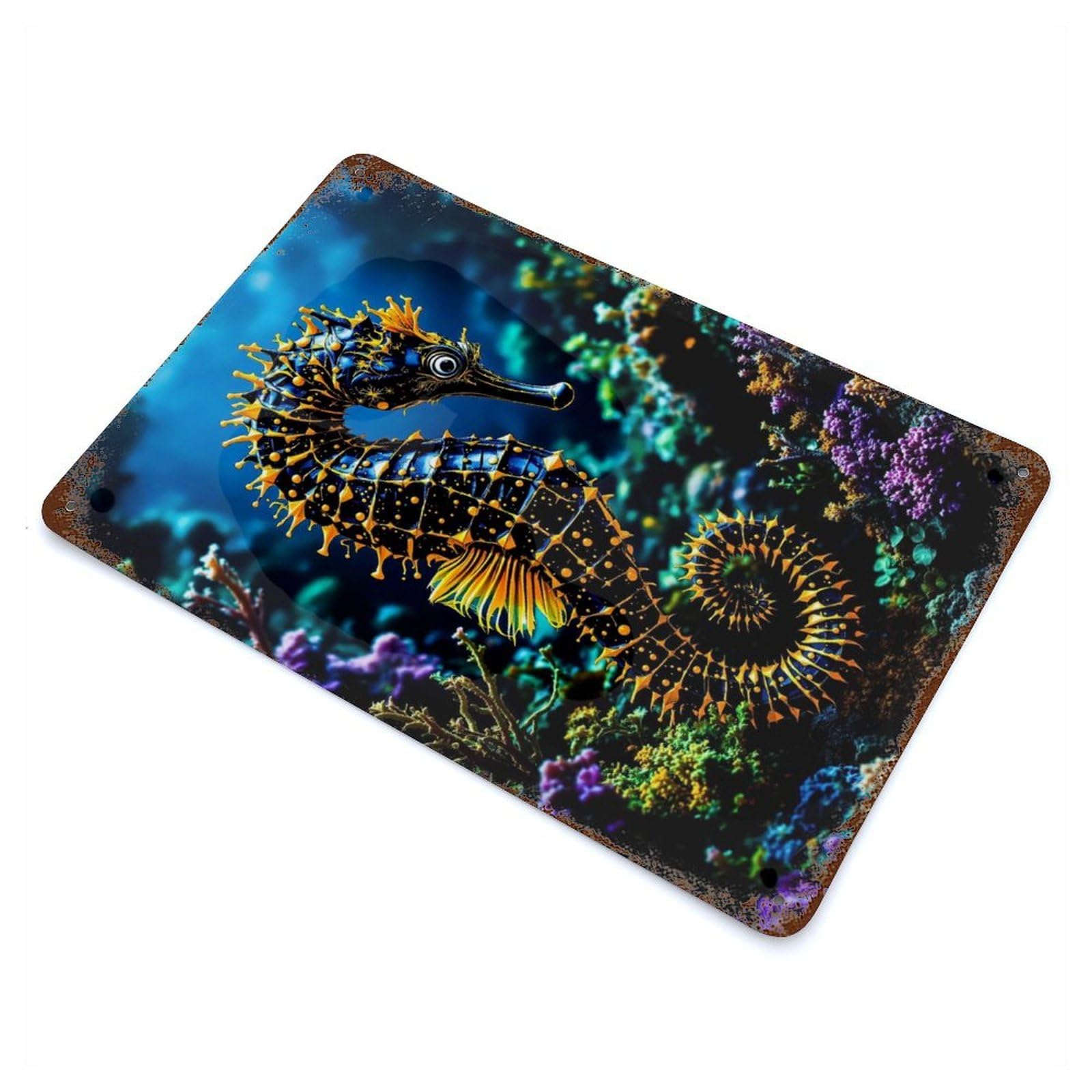 Seahorse in Coral Reef Decorative Tin Sign 11.8"x7.9", Old School Wall Decor for Garage, Pub Or Kitchen
