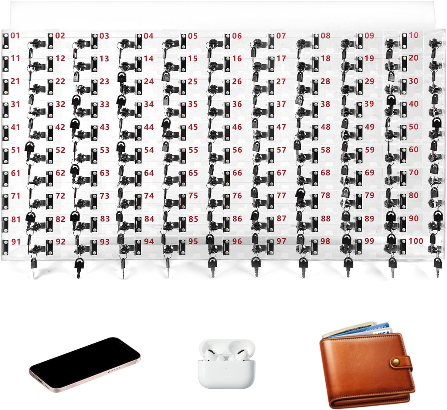 Cell Phone Locker Box 100 Slots Cell Phone Jail Lock Box with Door Locks and Keys Clear Acrylic Phones Storage Cabinet for Office Factory