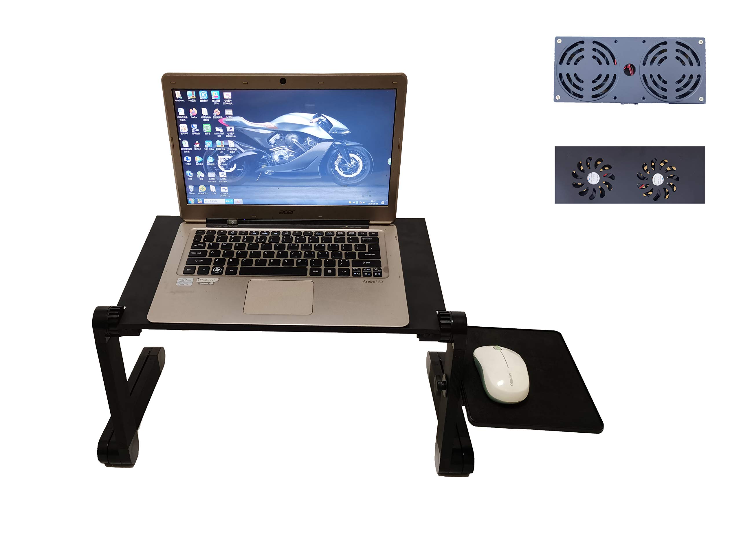 Portable Adjustable Laptop Notebook Red Black Desk Table 2 Cooling Fans Radiator Mouse pad in Sofa Couch Bed Office (Black)