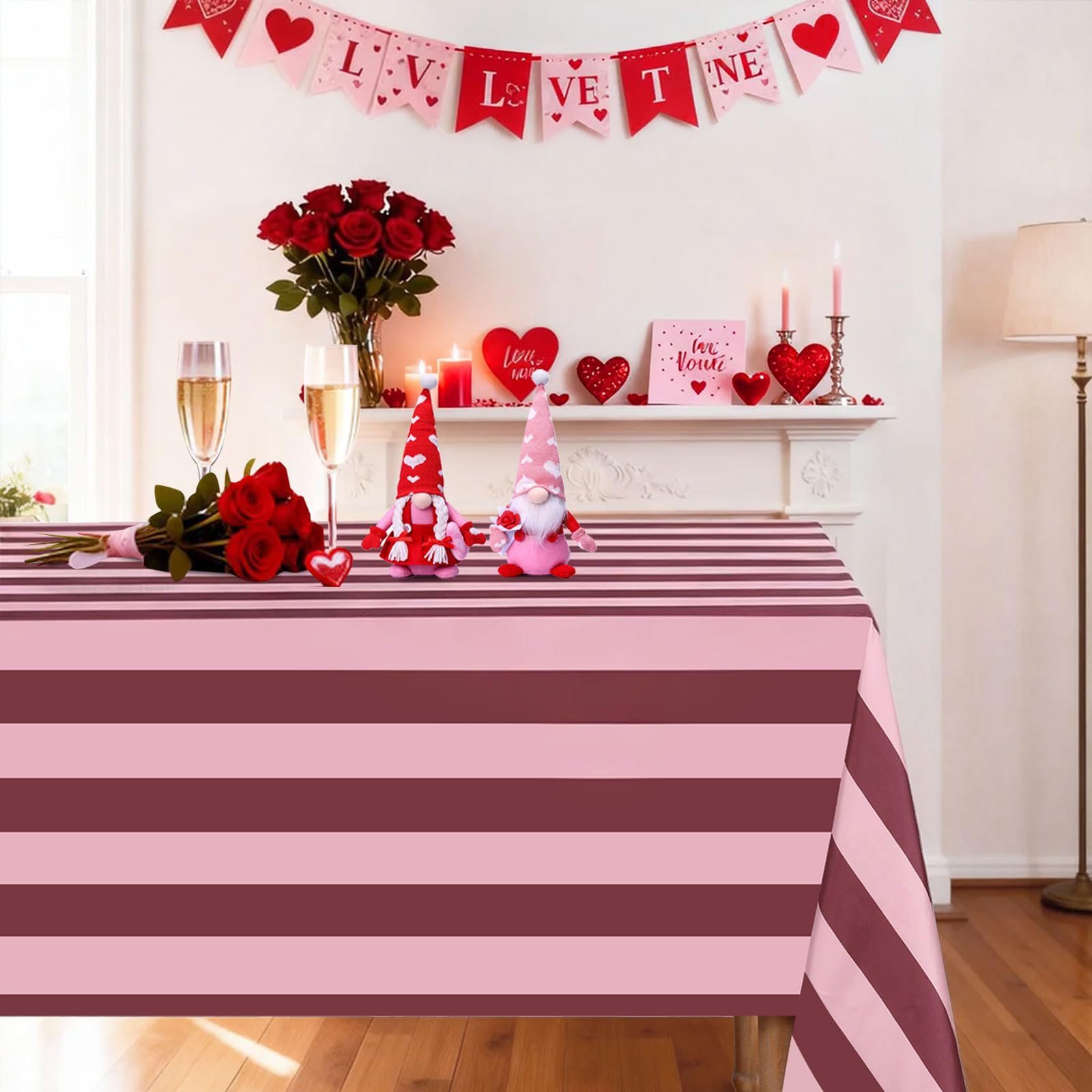 Table Cloth Red and Pink Striped Tablecloth - 57 x 120 Inch Waterproof Tablecloths Rectangle Polyester Table Covers for Birthday Wedding Ceremony Banquet Picnic Party Decorations
