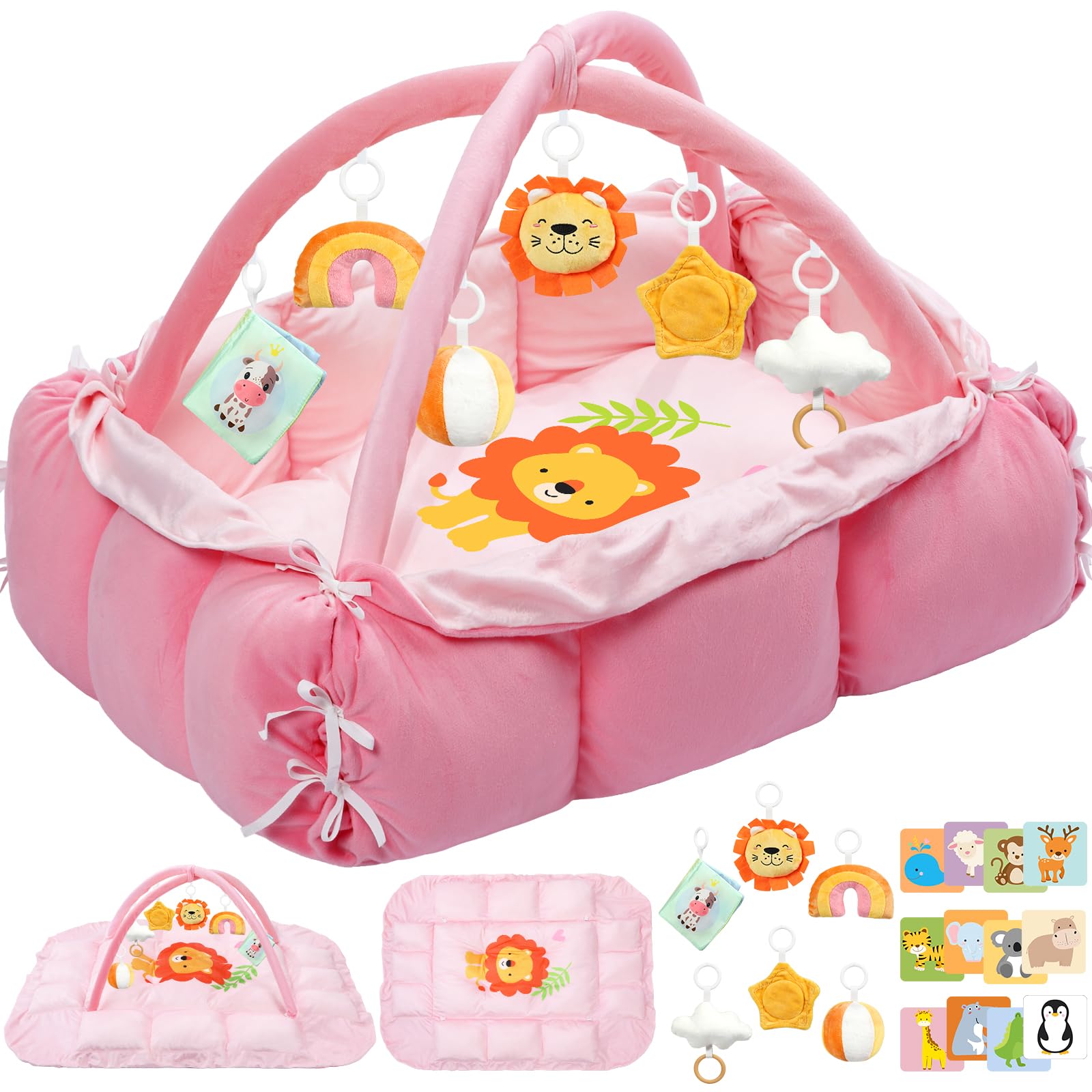 5-in-1 Bauchzeitmatte Baby Activity Gym mit Cartoon-Muster, extra dicke Plüsch-Spielbodenmatte, mit hängenden Spielzeugen, sensorischer Entwicklungs-Fitness-Studio & schönes Geschenk für Neugeborene