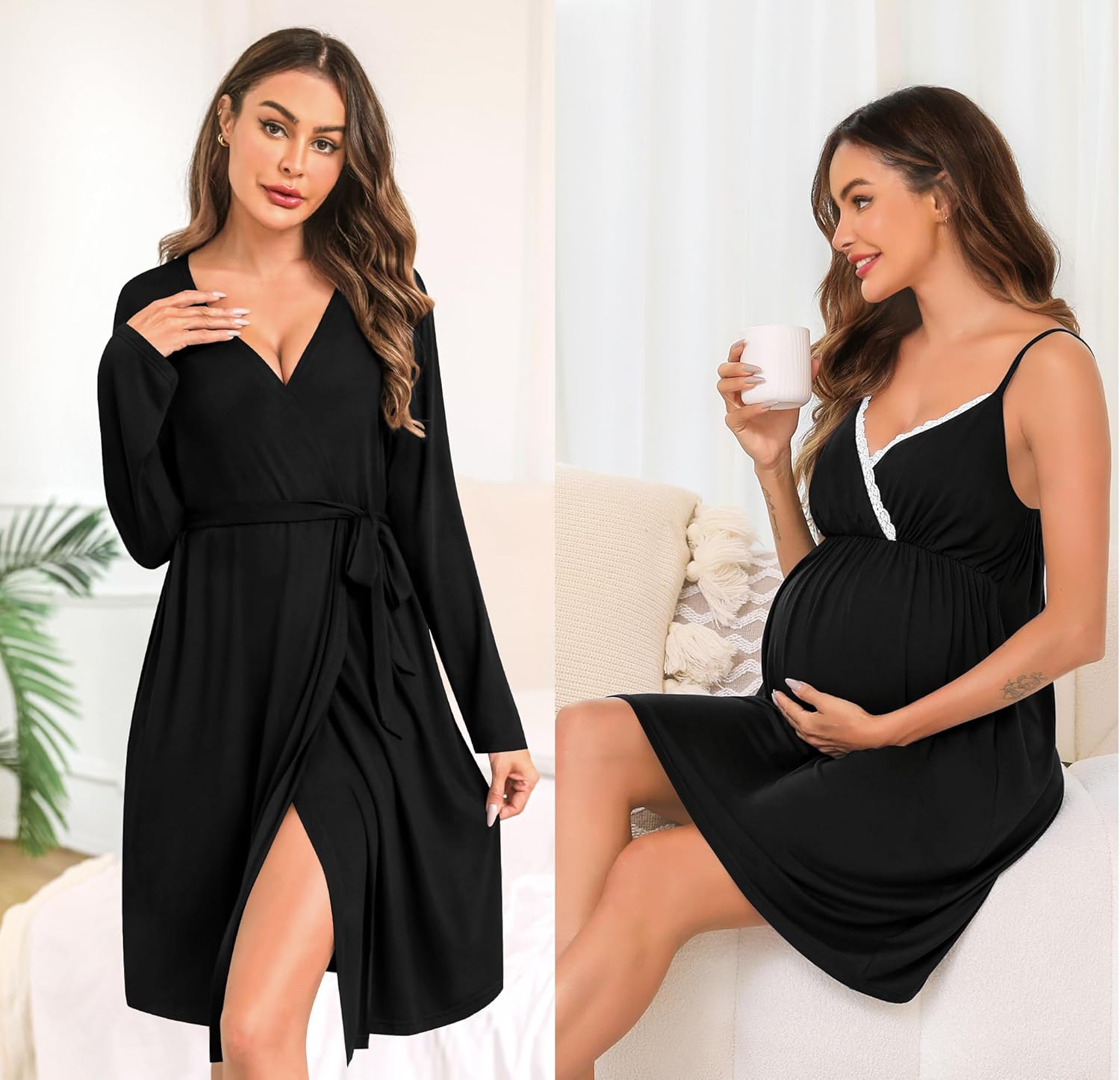 SWOMOG Womens Maternity Robe 2 Piece Nursing Nightgown for Breastfeeding 3 in 1 Labor Delivery Nursing Dress Lace Bathrobe - Image 4