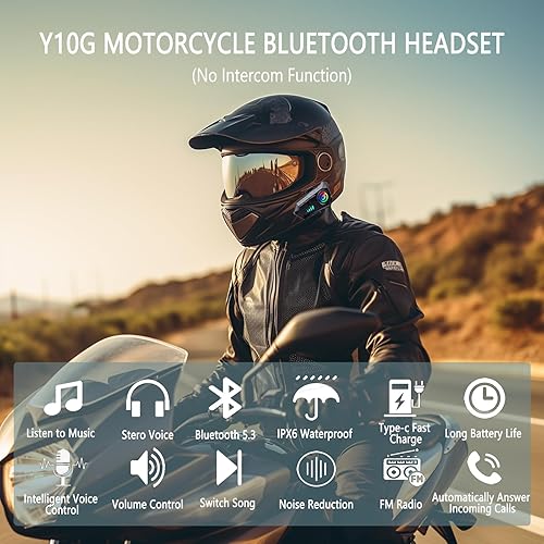 Miniatura 2 de Auriculares Bluetooth para casco de motocicleta Y10G, auriculares inalámbricos 5.3 de 1000mAH con micrófono duro, cancelación de ruido, sonido