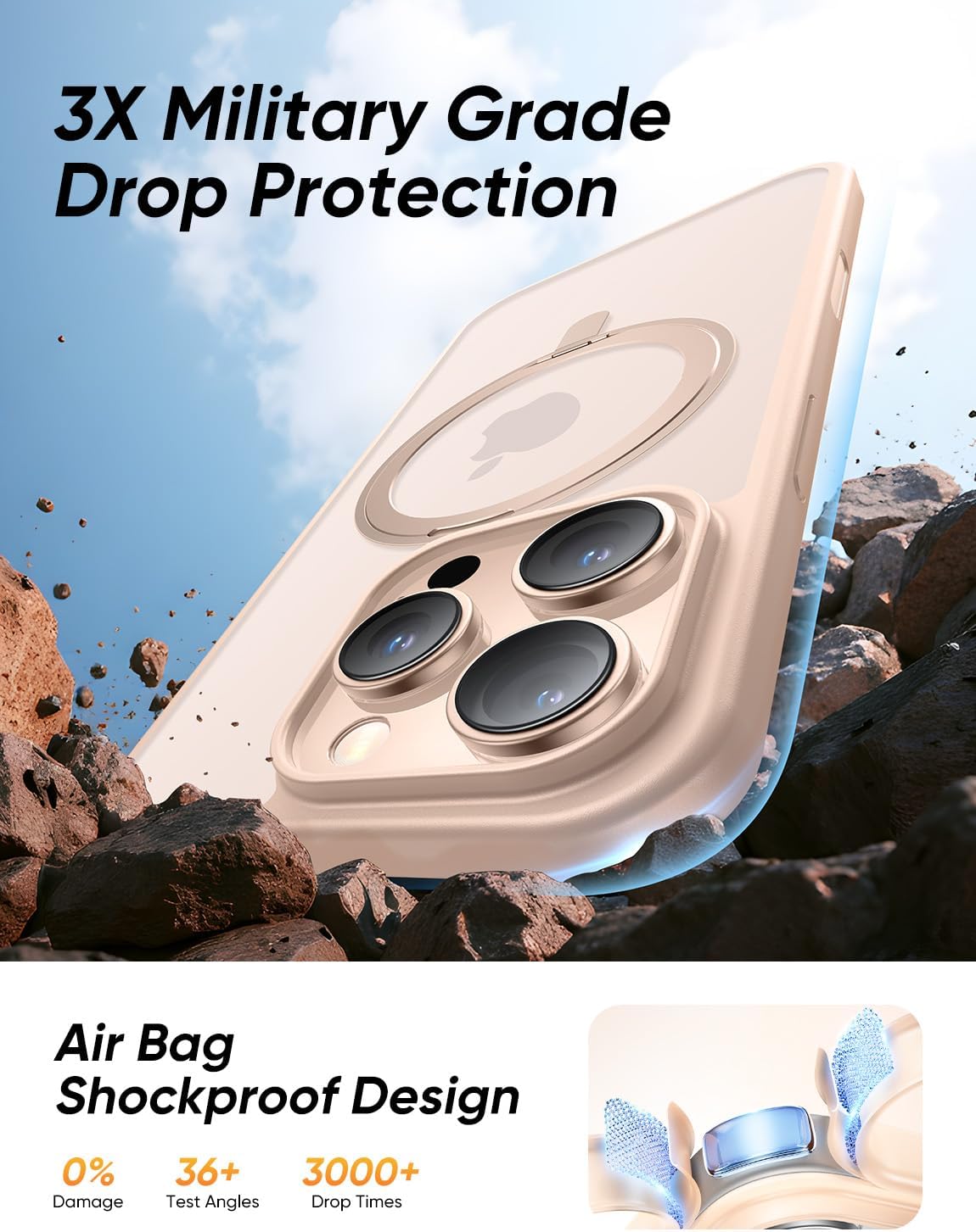 MAGIC JOHN 360° Rotatable Magnetic Invisible Stand for iPhone 16 Pro Case [Camera Control Button] [Compatible with MagSafe] 16FT Shockproof for iPhone 16 Pro Case with Kickstand, Rose Gold - Image 3