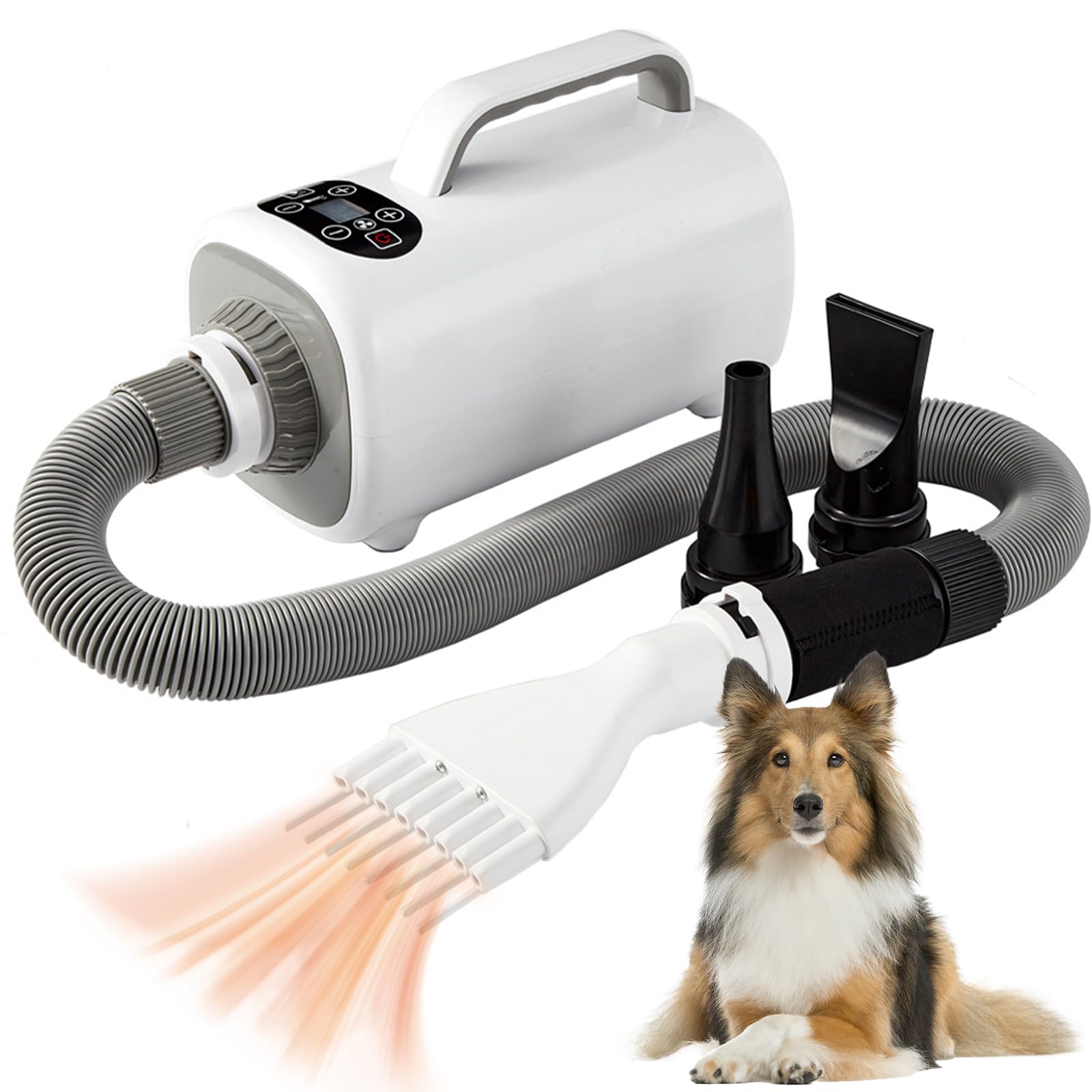 Secador profesional para perros con pantalla LED, bajo ruido y flujo de aire ajustable, tecnología de iones negativos, manguera retráctil y 4 boquillas para aseo de mascotas