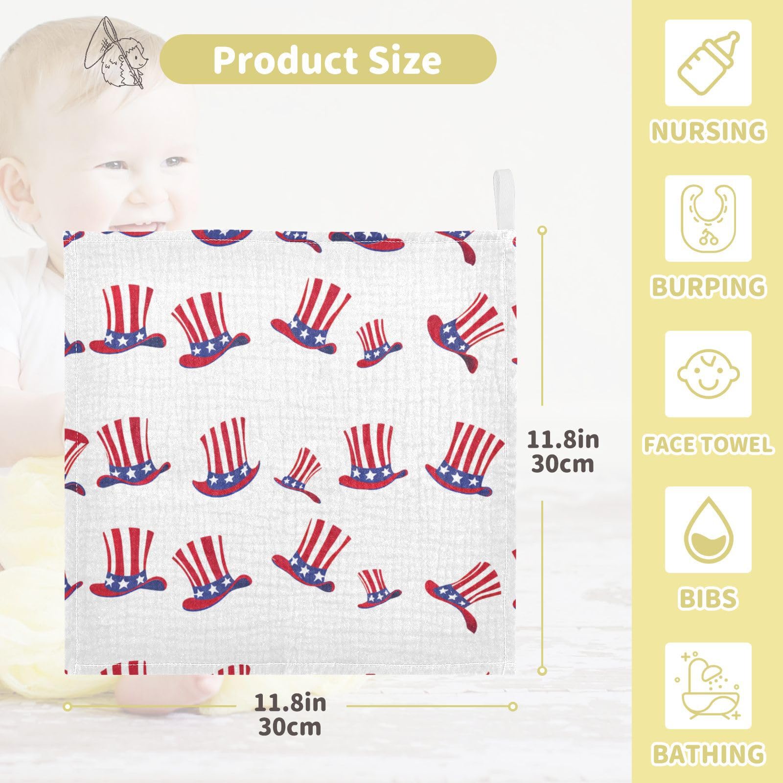 Nander 5Pack Baby Muslin Washcloths,Independence Day Soft Face Cloths for Newborn, Absorbent Bath Wash Cloths, Wipes, Burp Rag,Toddlers Essentials Stuff, Baby Registry as Shower