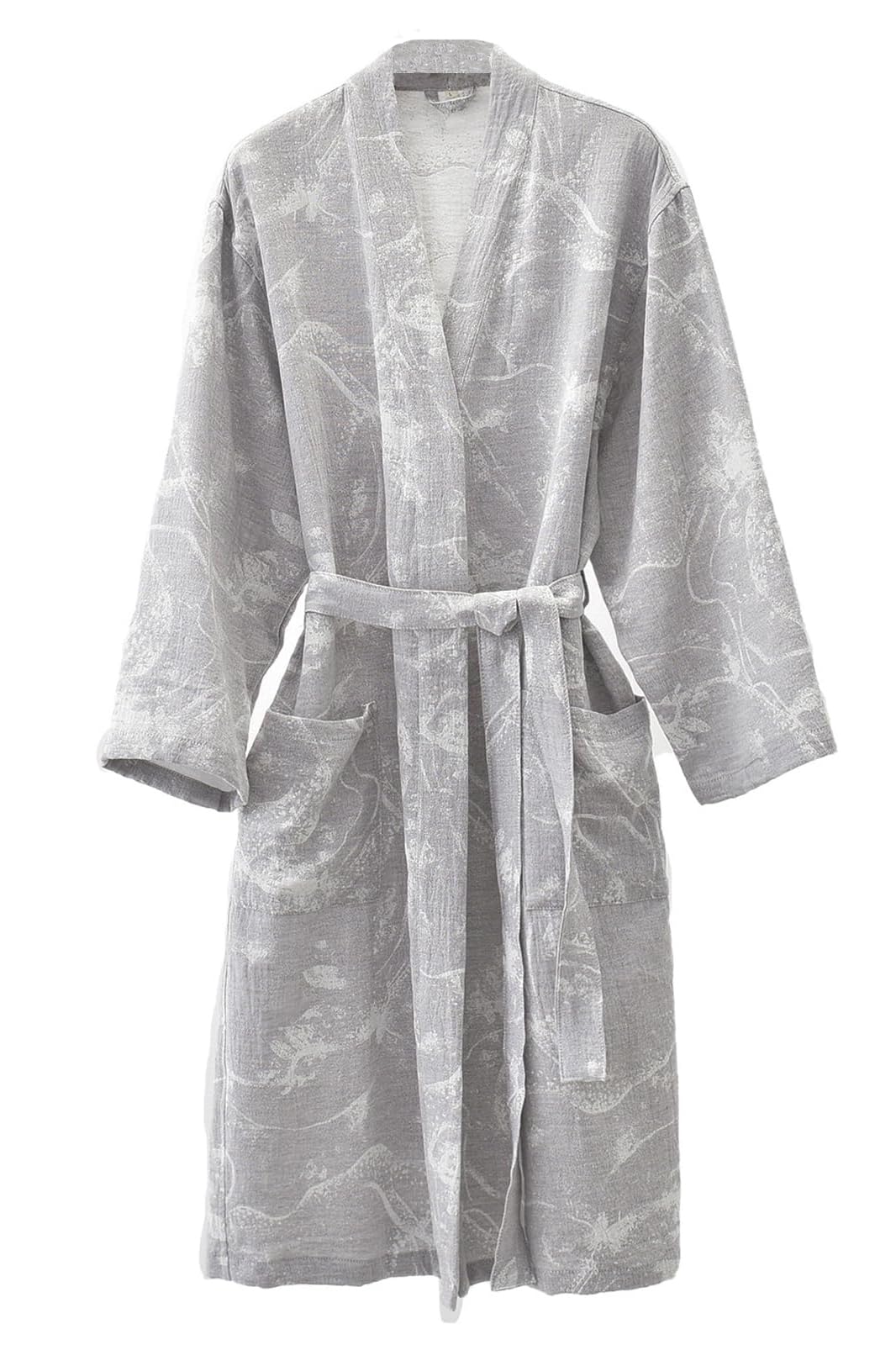 Cretuao Unisex Gray Cotton Jacquard Dressing Gowns Ladies Lightweight Nightwear, Mens Summer Kimono Bathrobe, Womens Soft Towelling Robes Couple Housecoat,,L