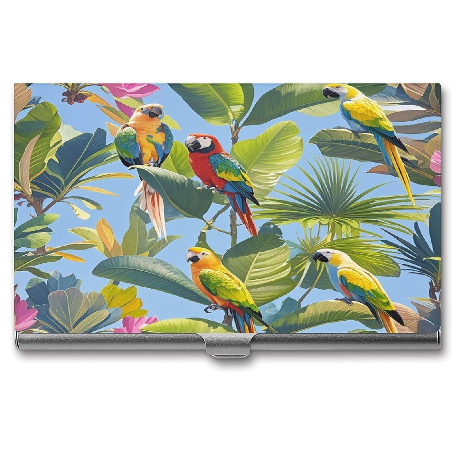 FekiLoot Tropical Plants And Parrots Business Card Holder for Men Women Metal Slim Organizer Business Card Carrier Wallet Name Cards Holder Retro Slim Pocket Purse Small Portable Card Case