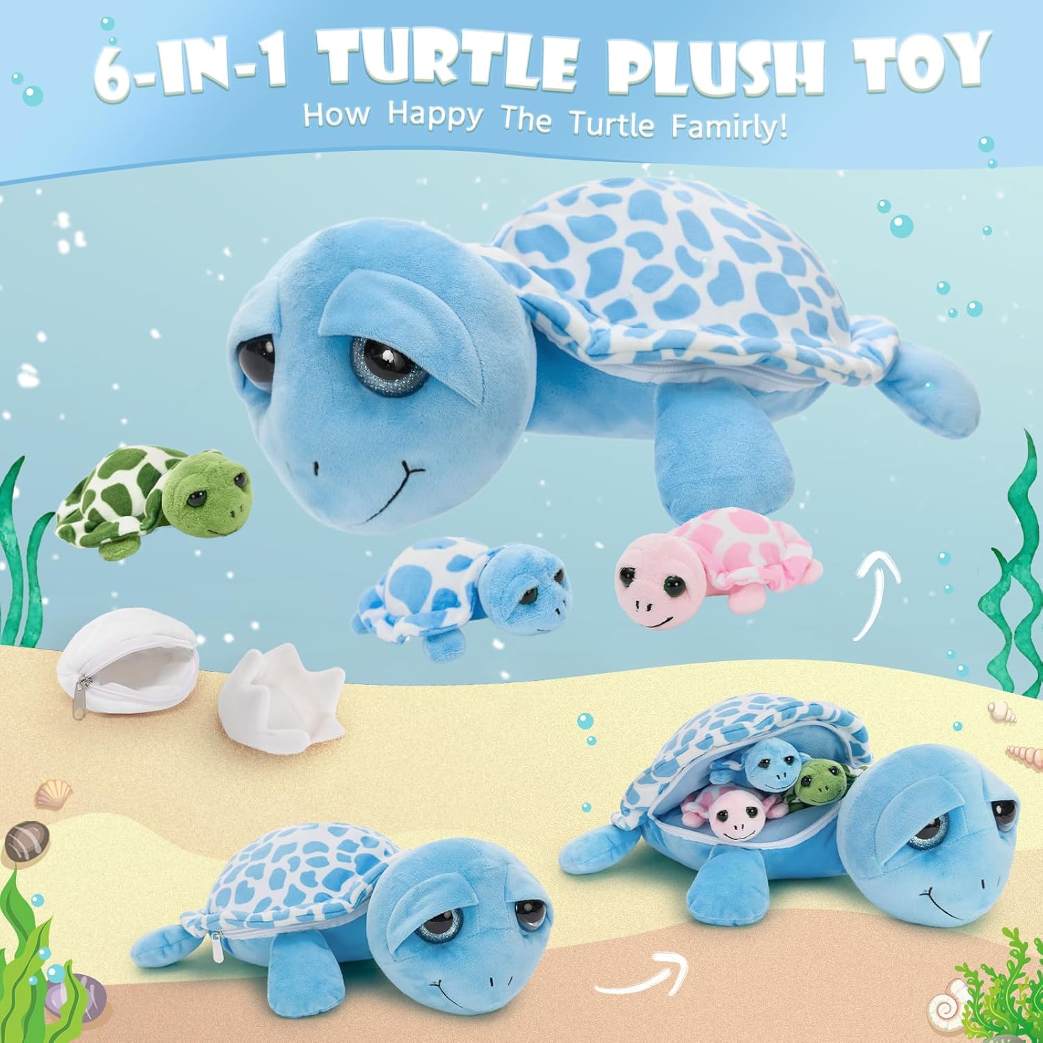 MorisMos Sea Turtle Stuffed Animal Mommy with Babies, 6 Packs Stuffed Turtle Toys for Kids Toddlers, 14'' Mama Big-Eyed Tortoise Toy, Sea Stuffed Animal Plush Pillow Gifts for Birthday Christmas
