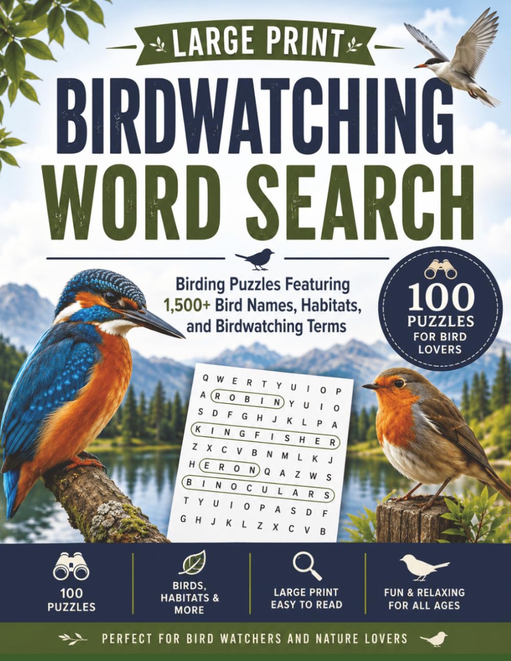 Birdwatching Word Search: Large Print Birding Puzzle Book for Adults: 100 Nature-Themed Word Searches Featuring British Birds, Bird Habitats and Wildlife Terms