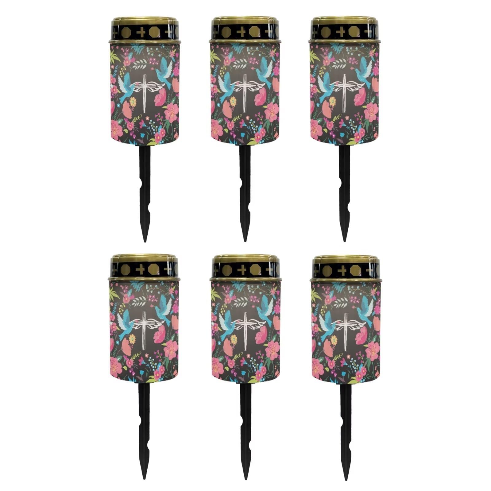 Poceacles Cross Solar Candle Pack of 6 Cemetery Solar Lights for Grave LED Garden Lights Solar Powered Solar Pathway Lights Outdoor Waterproof with Dusk to Dawn Sensor, Dove of Peace Cross Floral