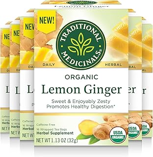 Traditional Medicinals Organic Lemon Ginger Herbal Tea, Promotes Healthy Digestion, 16 Count (Pack of 6)