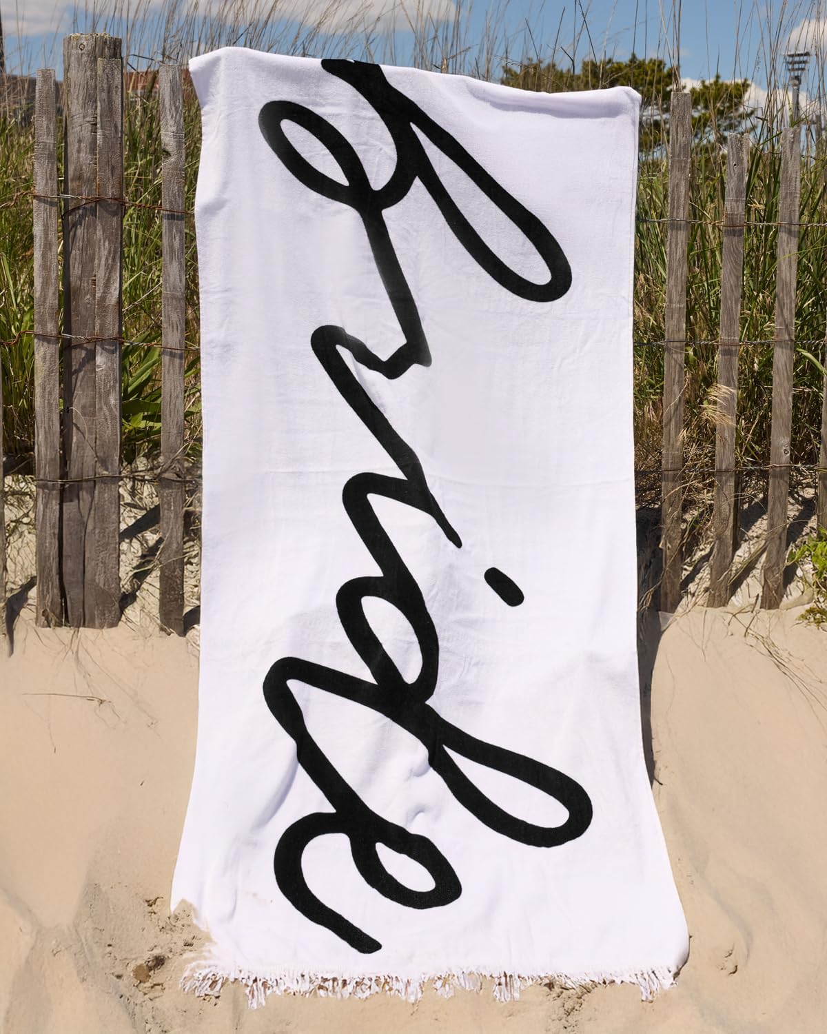 xo, Fetti Bride Fringe Beach Towel - 100% Cotton | Bachelorette Decorations, Black and White Bridal Shower Gift, Bridesmaid Favors, Engagement Party, Poolside Bride to Be, Newlywed Honeymoon Supplies