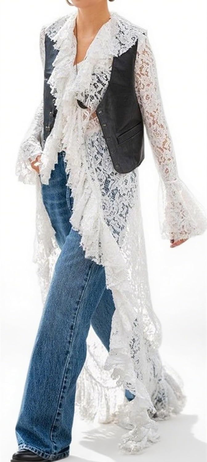 Women Lace Mesh Flowy Maxi Top Tie Front Kimono Cardigan Sheer Long Sleeve Ruffled Duster Layering Shirt Cover Up
