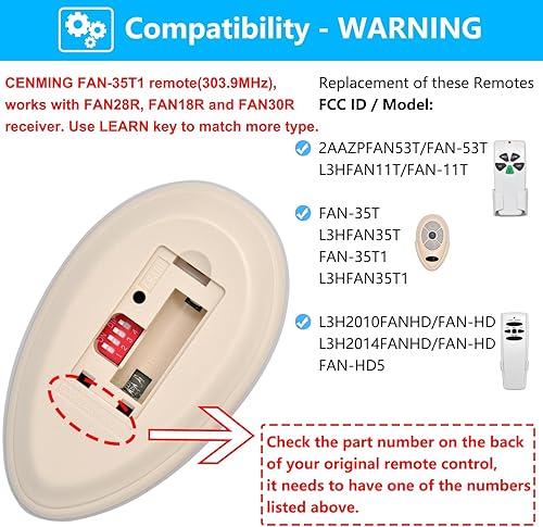 Miniatura 3 de Reemplazo 35T1 para control remoto del ventilador de techo Harbor Breeze Allen Roth, con regulador de luz de 3 velocidades 303.9 MHz, reemplaza 53T