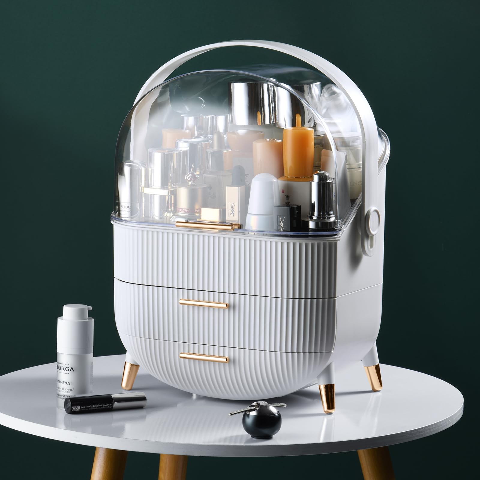 EHEL Makeup Organizer, skincare organizer for Vanity, bathroom storage and cosmetic display cases for bedroom, Large Capacity egg Shape(Oval) 3-Layer Cosmetics Storage Box (white)