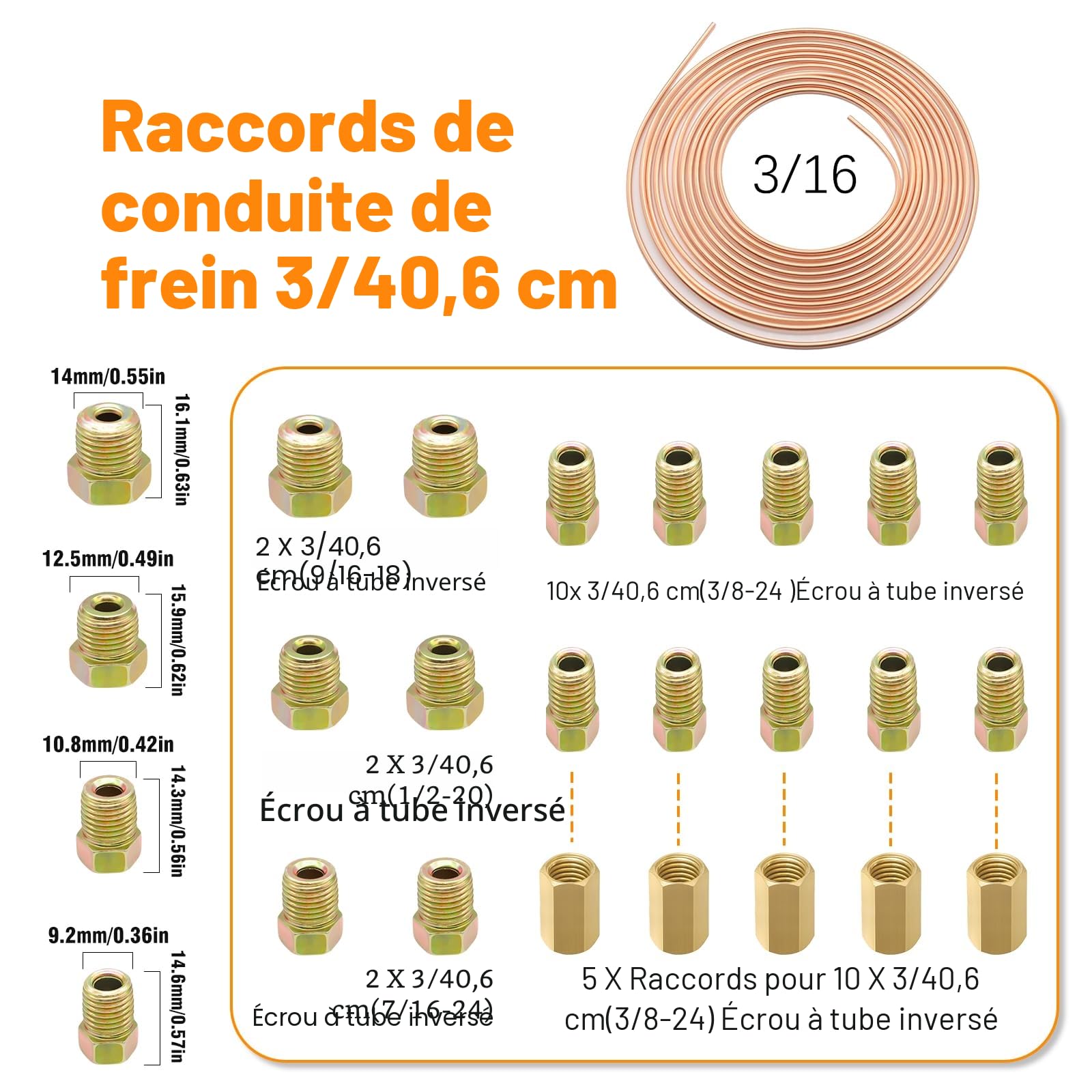 Kit Tuyau Frein Voiture, 7,62m de Ø4,75mm + Ø6,35 mm en Acier Cuivré avec 32 Raccords de Durite de Frein + 10 Connecteurs, IdéAl Pour Les SystèMes De Freinage Hydrauliques De Voiture