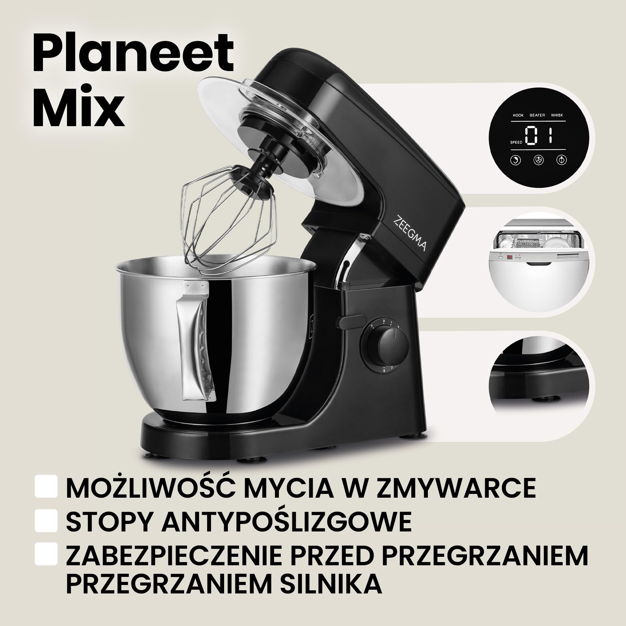 ZEEGMA PLANEET MIX Robot Planetarny 1800 W, Wielofunkcyjny Robot Kuchenny z Misą 5L z Uchwytem i Pokrywką, 8 Prędkości Pracy, 3 Narzędzia Miksujące Panel Dotykowy (Czarny)