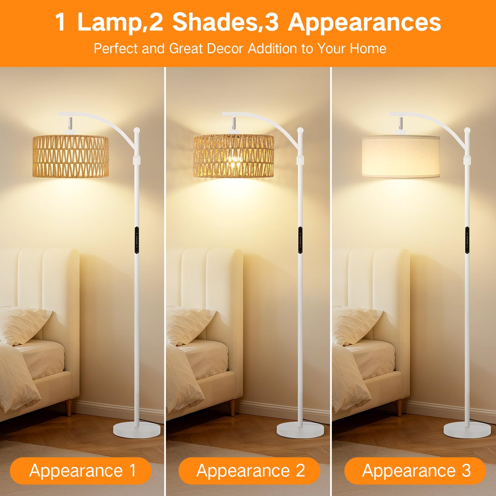 OUTON Lampa Stojąca z Rattanu do Salonu, Lampa Łukowa Boho | Aplikacja, pilot i sterowanie dotykowe, 4 temperatury barwowe, 2 klosze, LED 12 W, biała