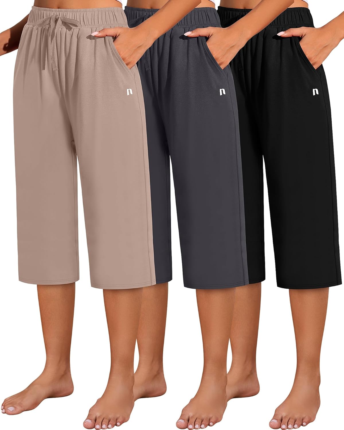 Neer 3 Pack Women's Capri Pants, Cotton Wide Leg Basic Sweatpants Lounge Loose Fit Casual Drawstring Yoga Capris with Pockets