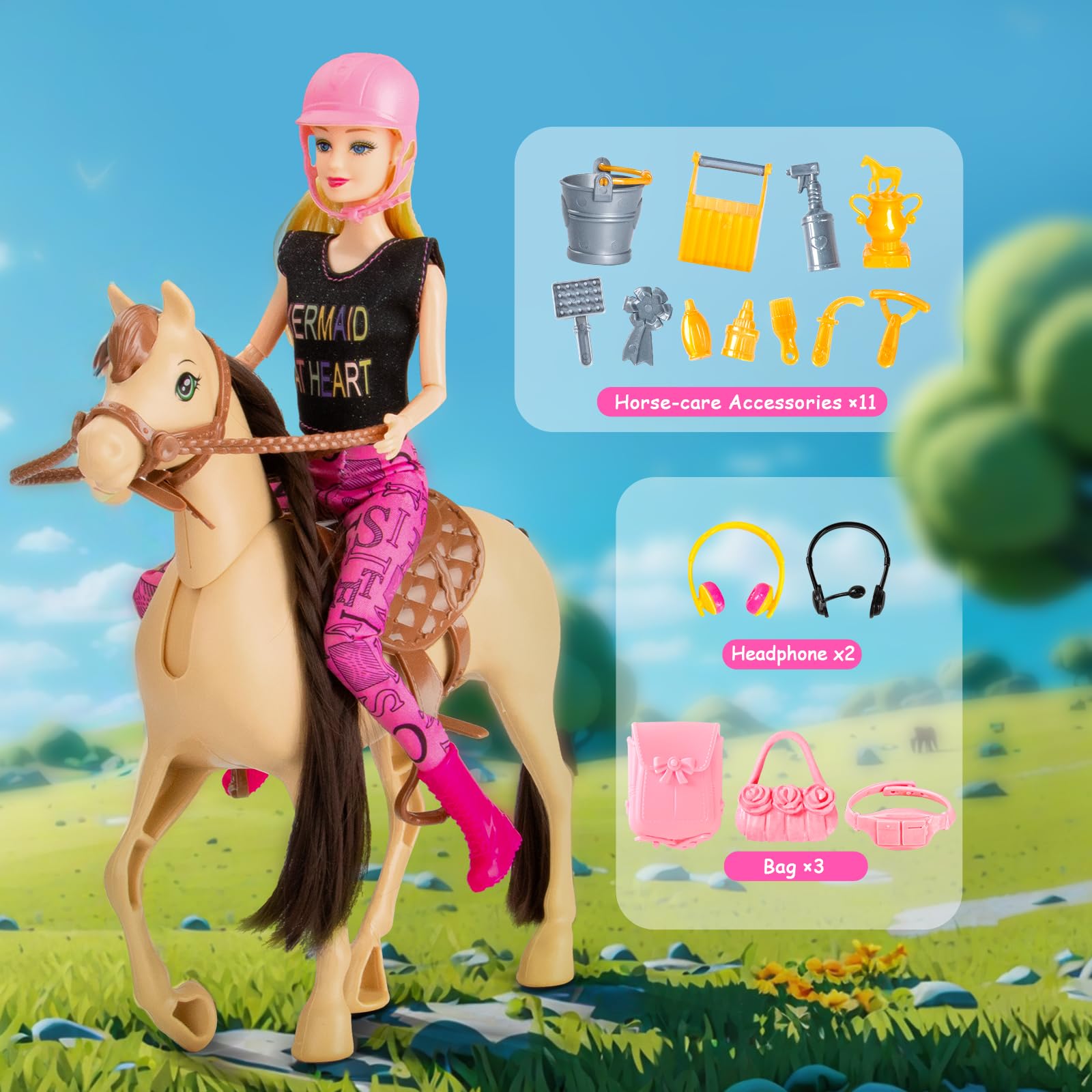 Juego de 60 piezas de caballo de muñeca, muñeca rubia de moda (11.5 pulgadas) en accesorios de muñeca Helemt y caballo marrón claro con cabeza móvil, silla de montar, brida y riendas, para edades de 3 4