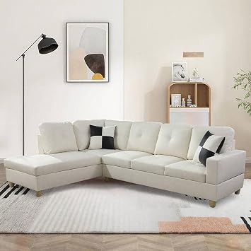 Sectional Sofa Couch with Left Chaise, Faux Leather L Shaped Couches for Living Room, Office, Apartments, Small Space, White