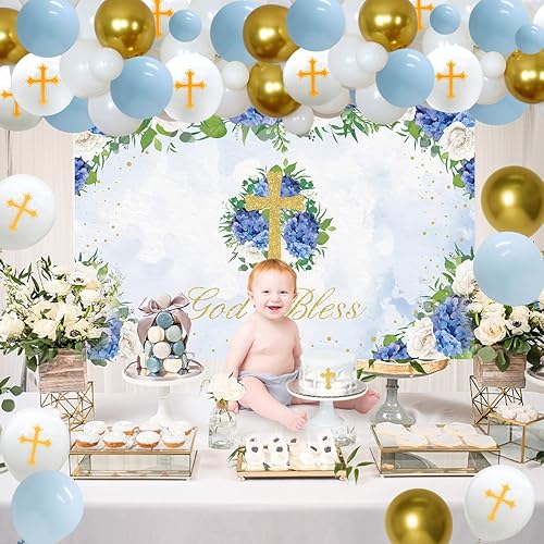 Miniatura 3 de Decoración de primera comunión para niños, decoración de fiesta de Dios bendiga, kit de guirnalda de globos blancos y dorados con fondo azul,