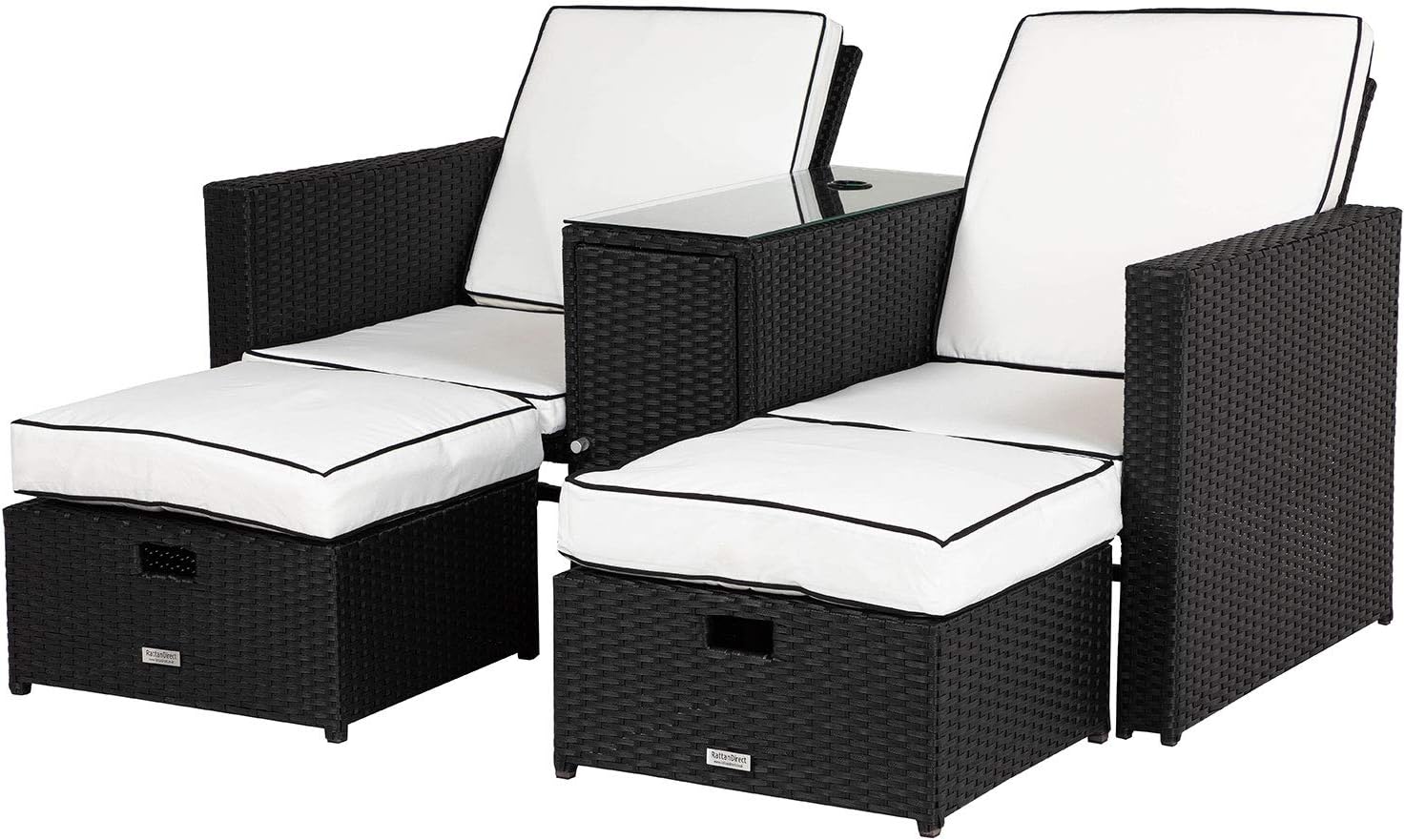 Rattan Garden Furniture Paris Double Sun Lounger Recliner Set with Side Table and Outdoor Covers in Black