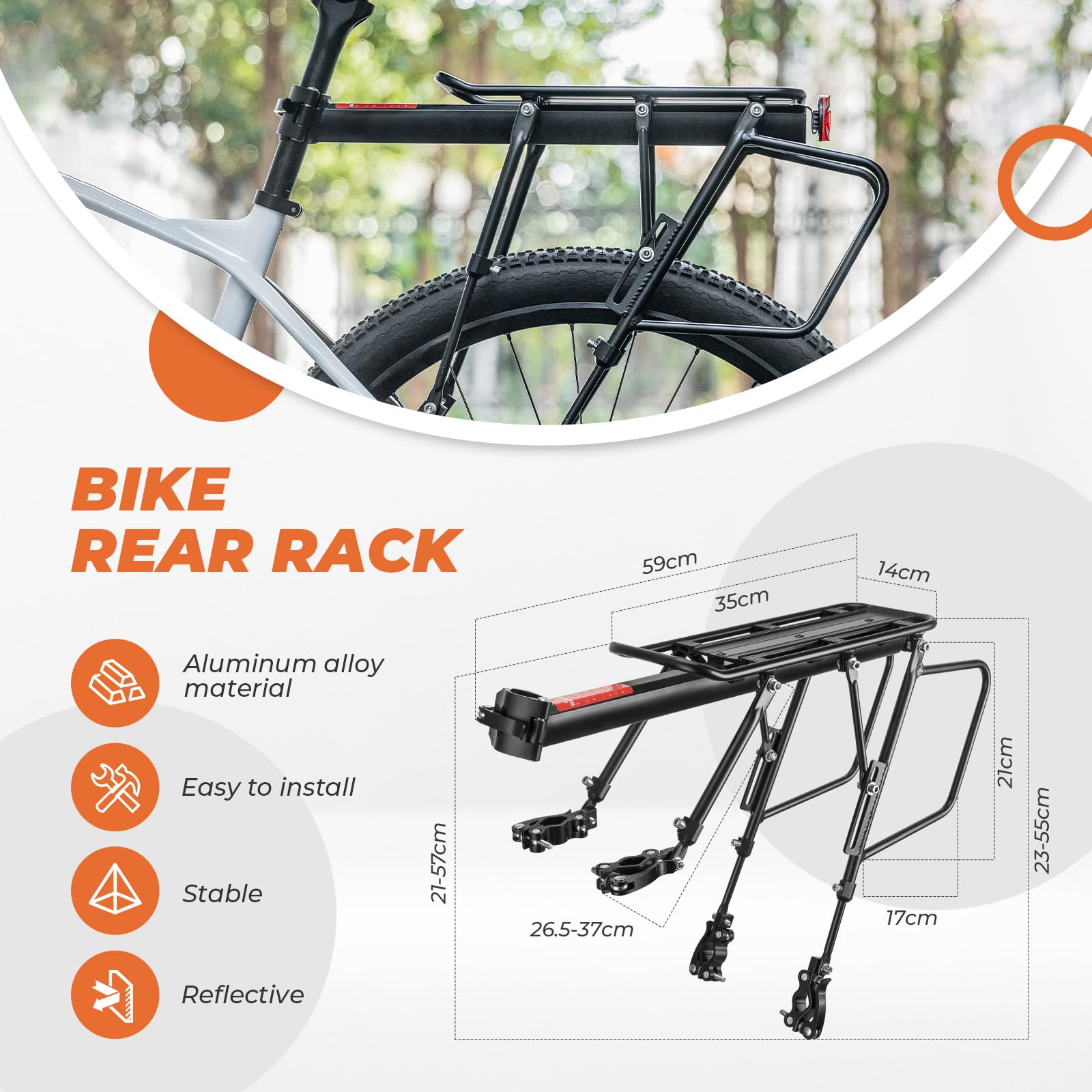 ROCKBROS Porte Bagage Vélo Arrière Support Tige de Selle Fourche Arrière Imperméable pour 26-29 Pouces avec Réflecteur Alliage Aluminium Robuste Max. 75kg Longueur 4 Jambes Réglable Démontage Rapide