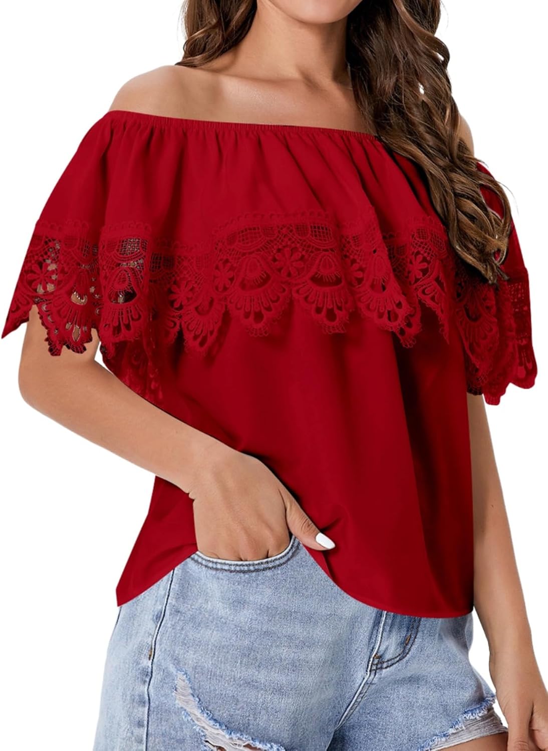 WDIRARA Women's Off the Shoulder Ruffle Trim Short Sleeve Lace Blouse Casual Tops