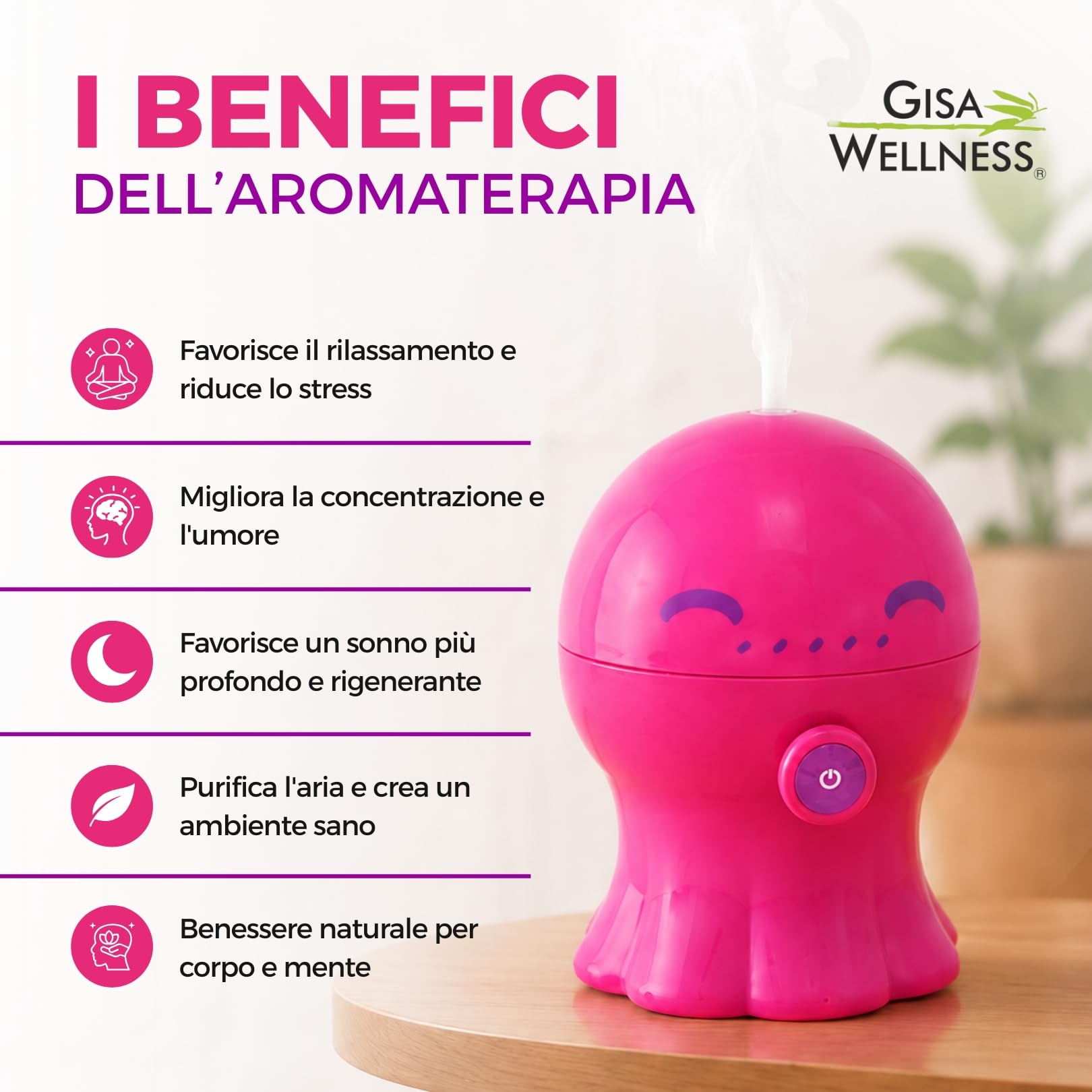 POLLY Umidificatore Ambiente Bambini 300ml con Luce Notturna e Timer Diffusore per Ambienti di Aromi e Oli Essenziali Umidificatore Ambiente Ultrasuoni Aromaterapia Autospegnimento Rosa Gisa Wellness