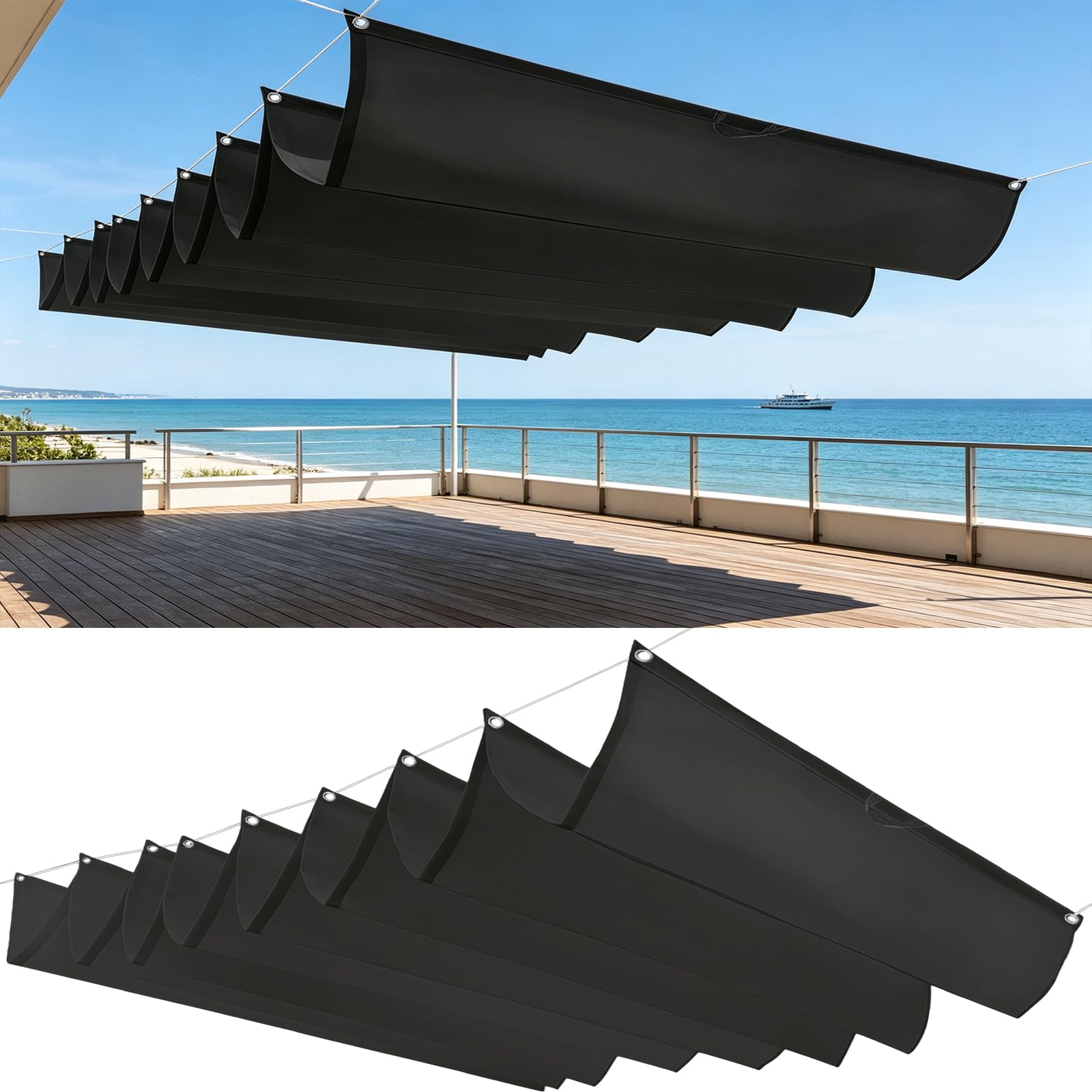 Voile ombrage rectangulaire noir 1x5.5m protection solaire avec œillets et cordes