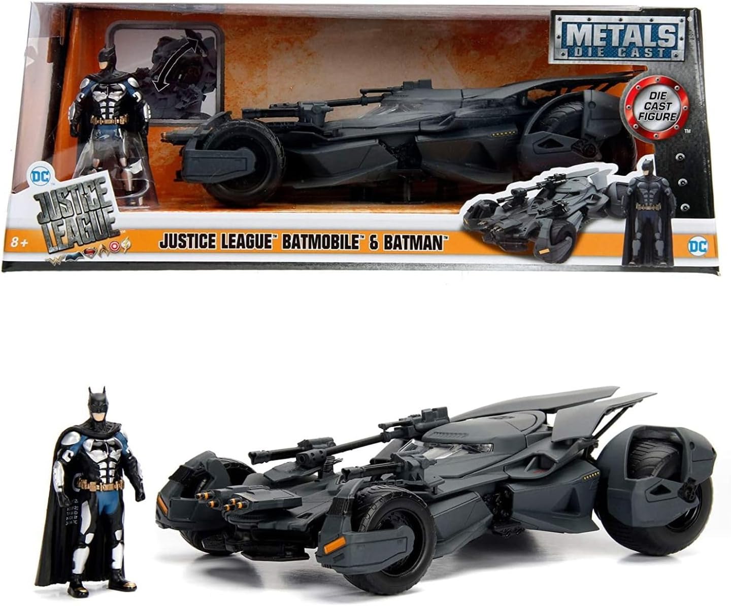 Jada Toys Justice League 253215000 Batmobile, Highly Detailed 1:24 Model Car Including Batman Figure, Cockpit and Doors Can Be Open, with Freewheel, Grey