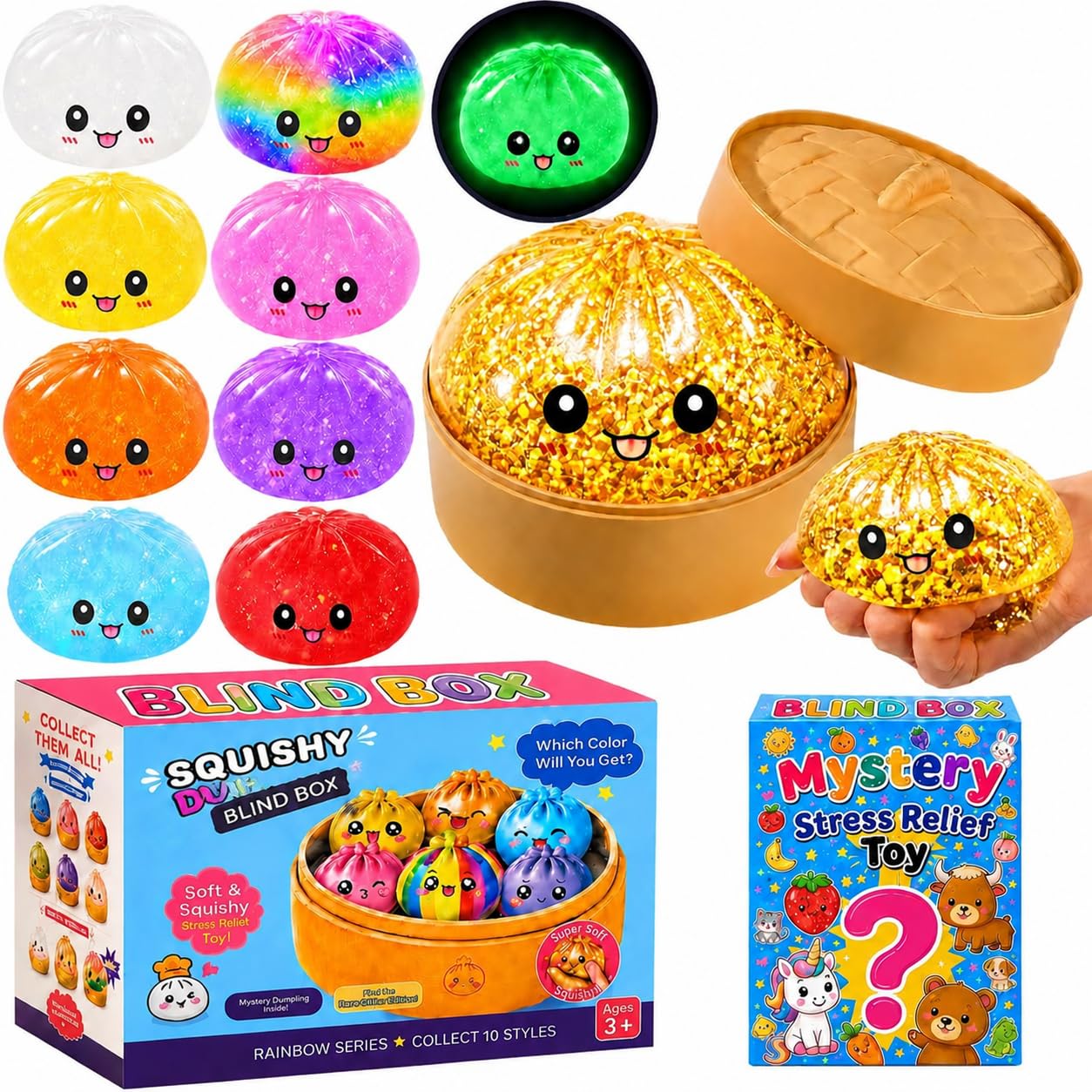 Glowing Squishy Toy, 1Pc Mystery Glitter Squishy with Steamer Box + 1Pc Mystery Squishy Toy, Durable Stress Relief Fidget Toys for Kids and Adults, Squeeze Toys for Kids Ages 3+