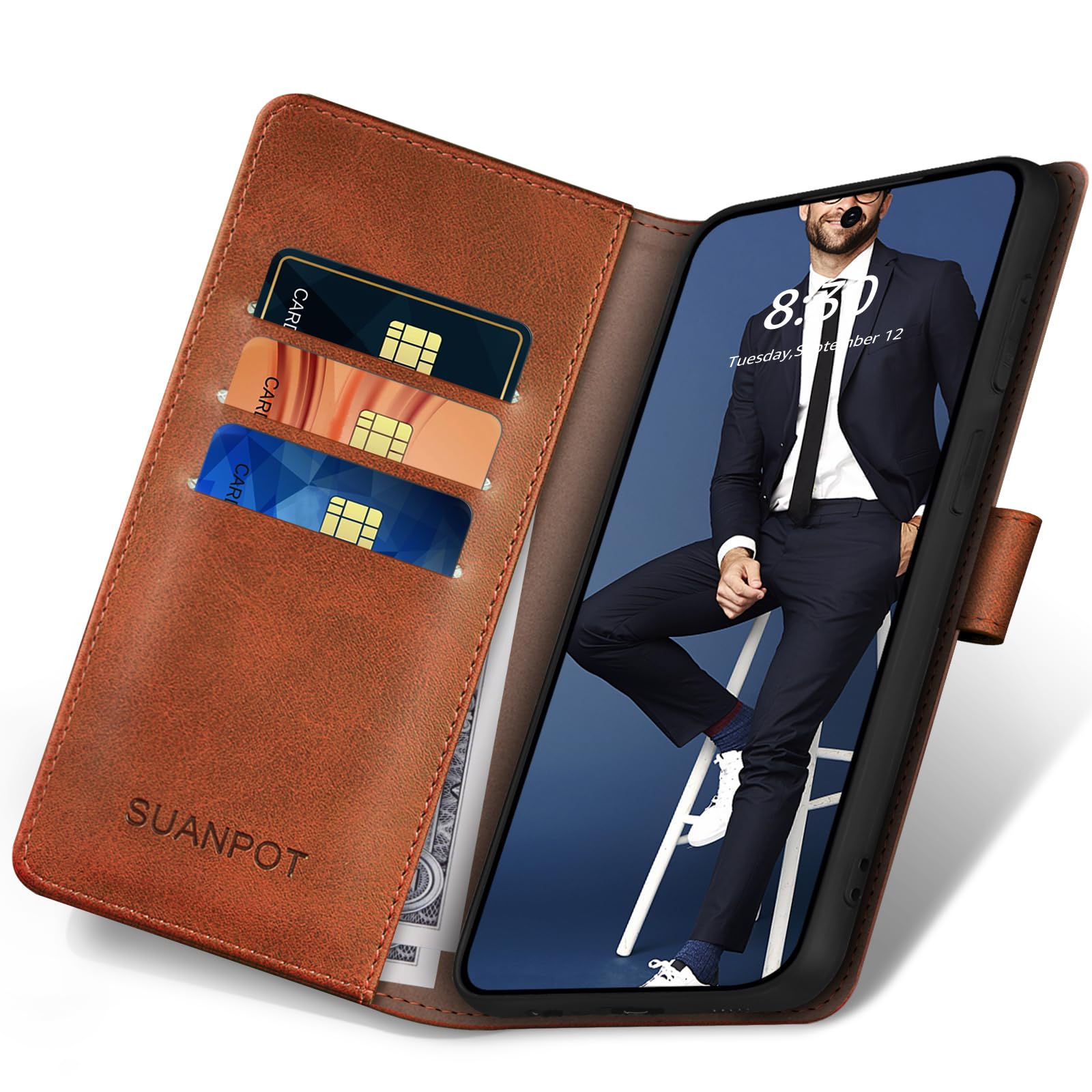 SUANPOT Funda para Google Pixel 8A con Tapa【Bloqueo RFID】de Cuero PU Cierre Magnético,Soporte Plegable,Ranura para Tarjeta Cover Wallet Leather para Pixel 8A Phone Case Marrón Claro