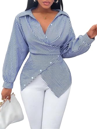 Chic Wrap Shirt for Women Versatile Striped Blouse with Cross-Over Detail Sophisticated Long Sleeve Striped Top
