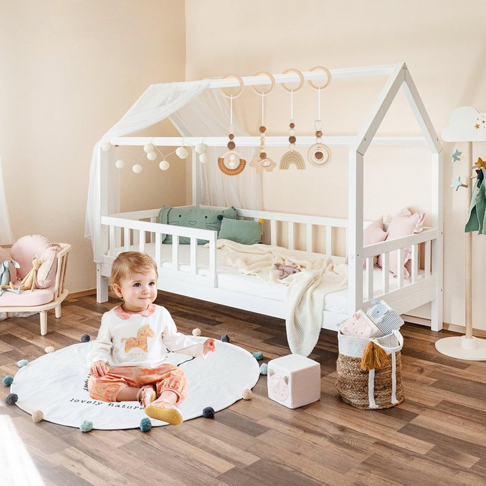 4 Pièces Arche Portique Éveil Bébé Bois - Jouet Poussette Siège Auto 0 Mois