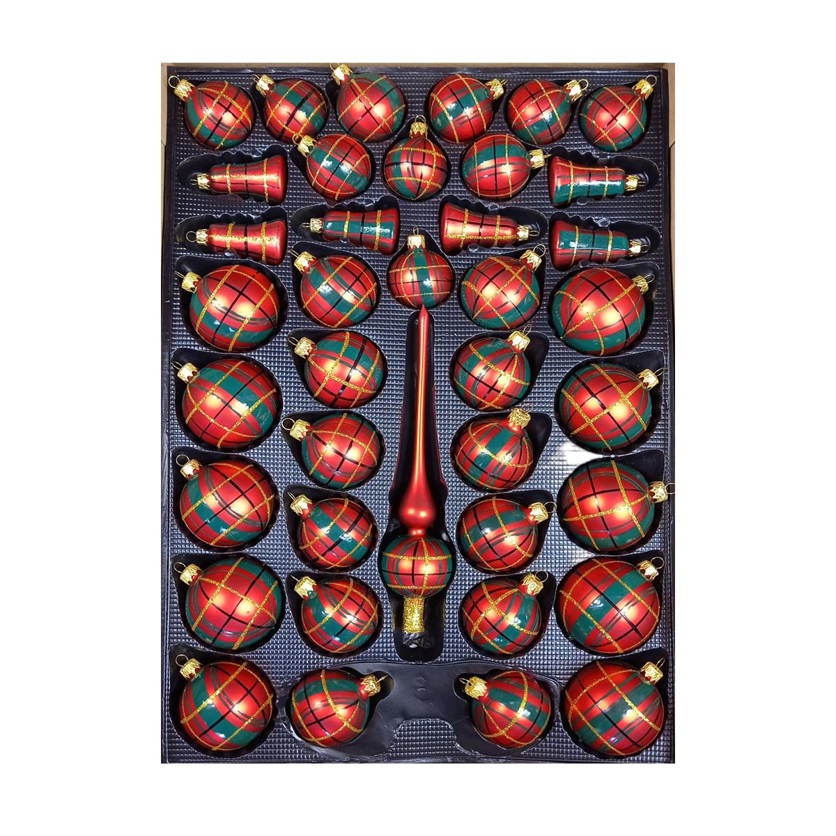Christbaumschmuck 40-TLG.Set Karo, rot, grün, Gold schottisch bemalt, mundgeblasen, Exclusiv