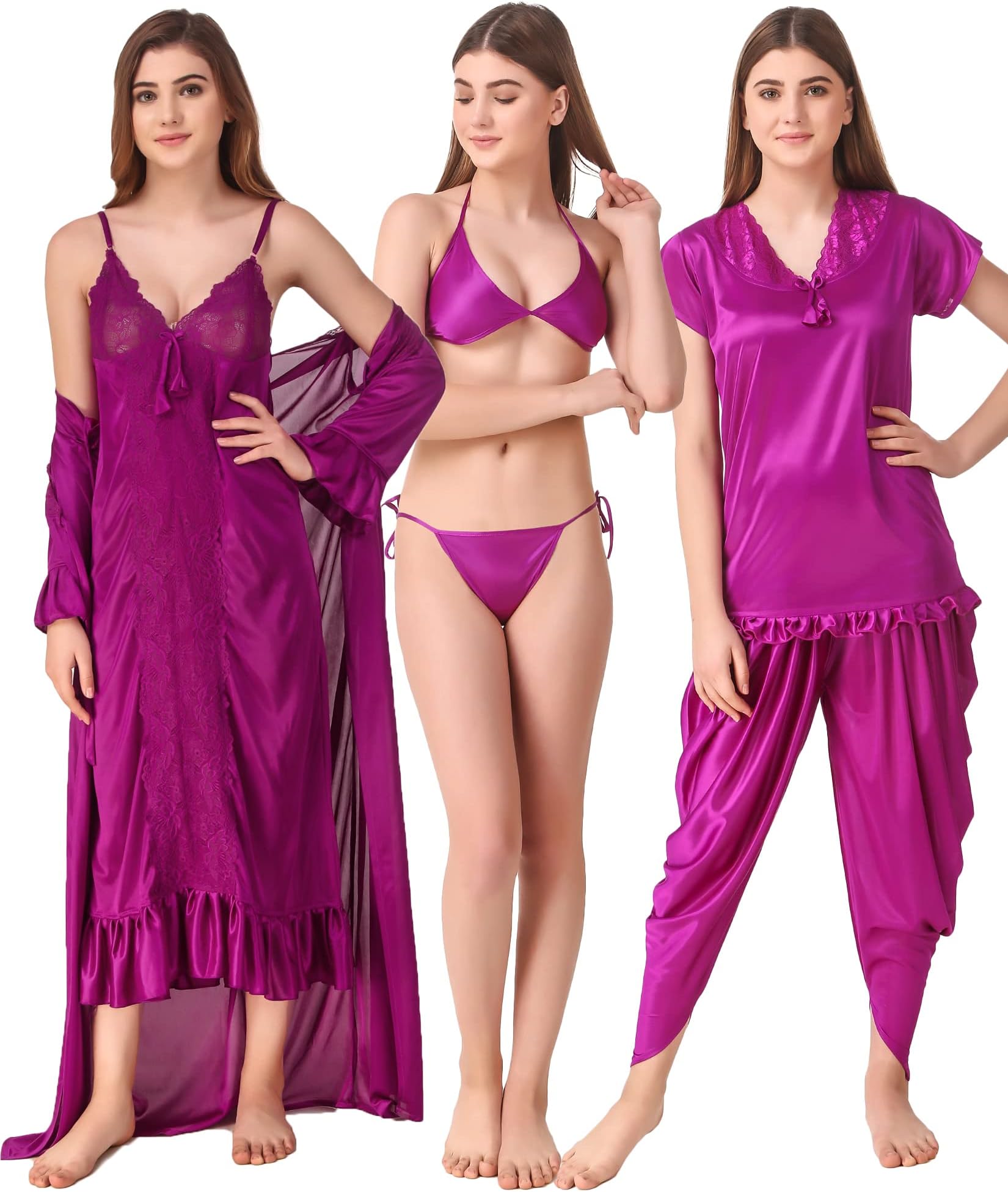 Romaisa Women's Satin Solid Maxi Length Nighty with Robe, Top with Pyjama, Bra with Panty (SP669-329A_Magenta_Free Size) (Nightwear Set Pack of 6)
