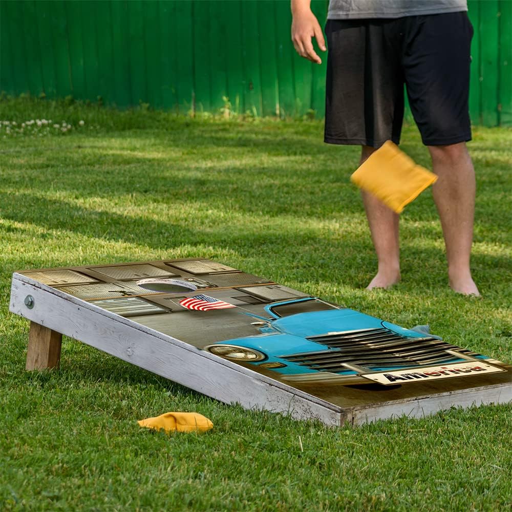 Cornhole Wraps for Boards Vinyl Decals (Set of 2) – Classic Blue Car Design – Durable Corn Hole Bean Bag Toss Wraps, Stickers & Skins – Outdoor Game Board Covers (Boards Not Included)