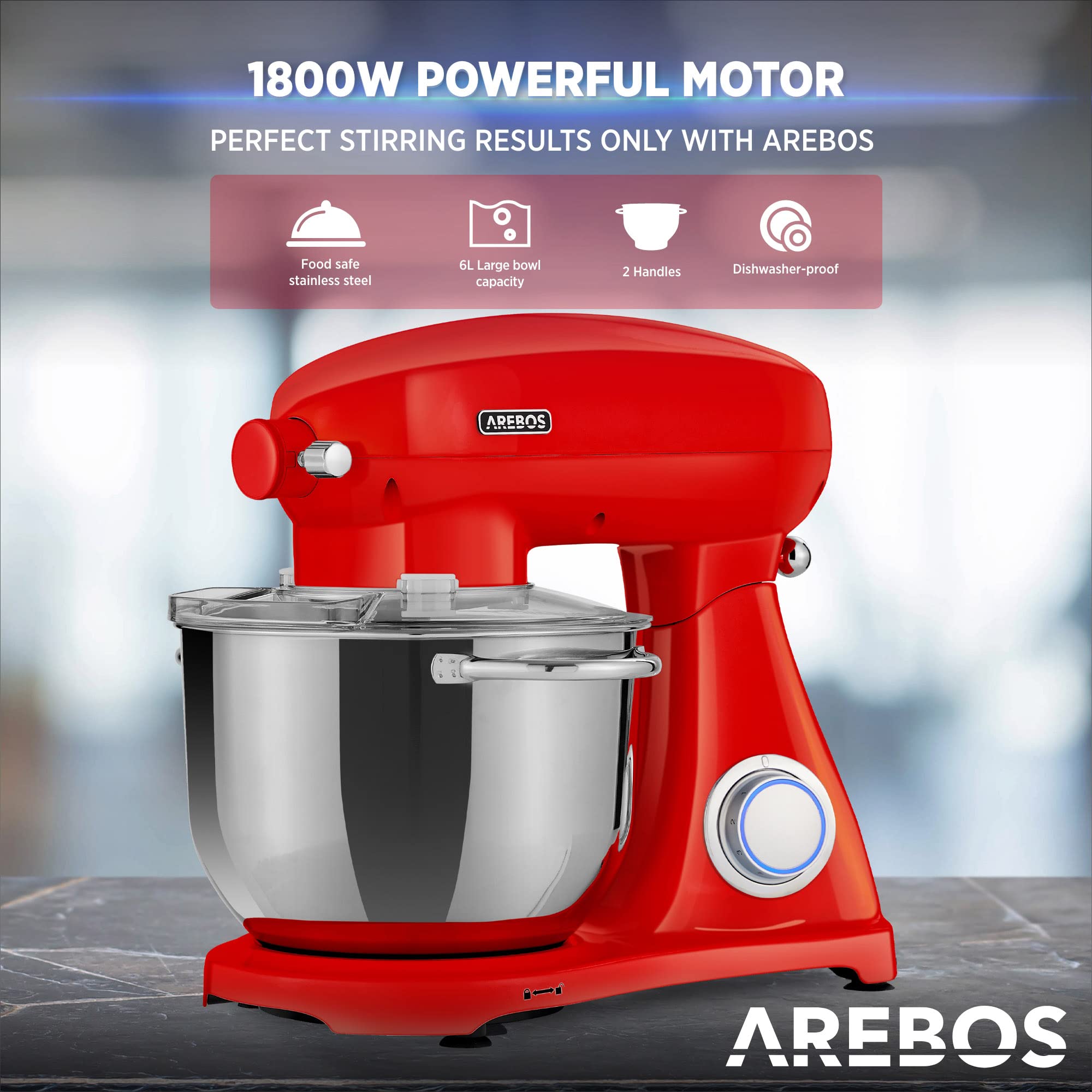 Arebos Profesjonalny robot cukierniczy 1800W Retro | Czerwony |Wielofunkcyjny robot kuchenny z trzepaczką, ubijaczką i haczykiem | Miska ze stali nierdzewnej 6 litrów