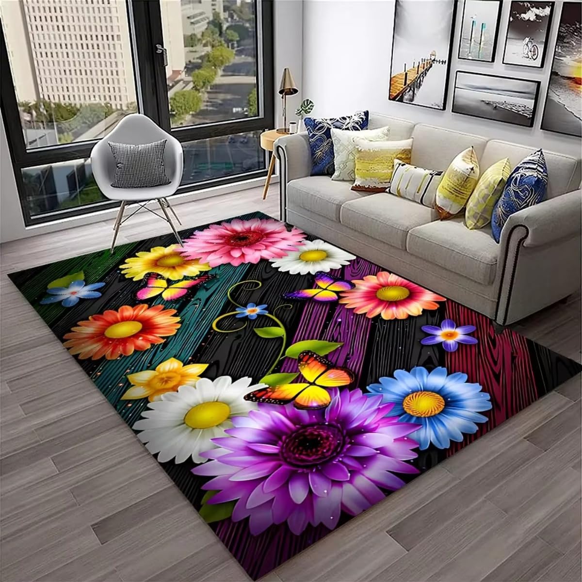 Tapis de sol game pour fille motif floral et papillon étoilé déco grand tapis de chambre 160x230