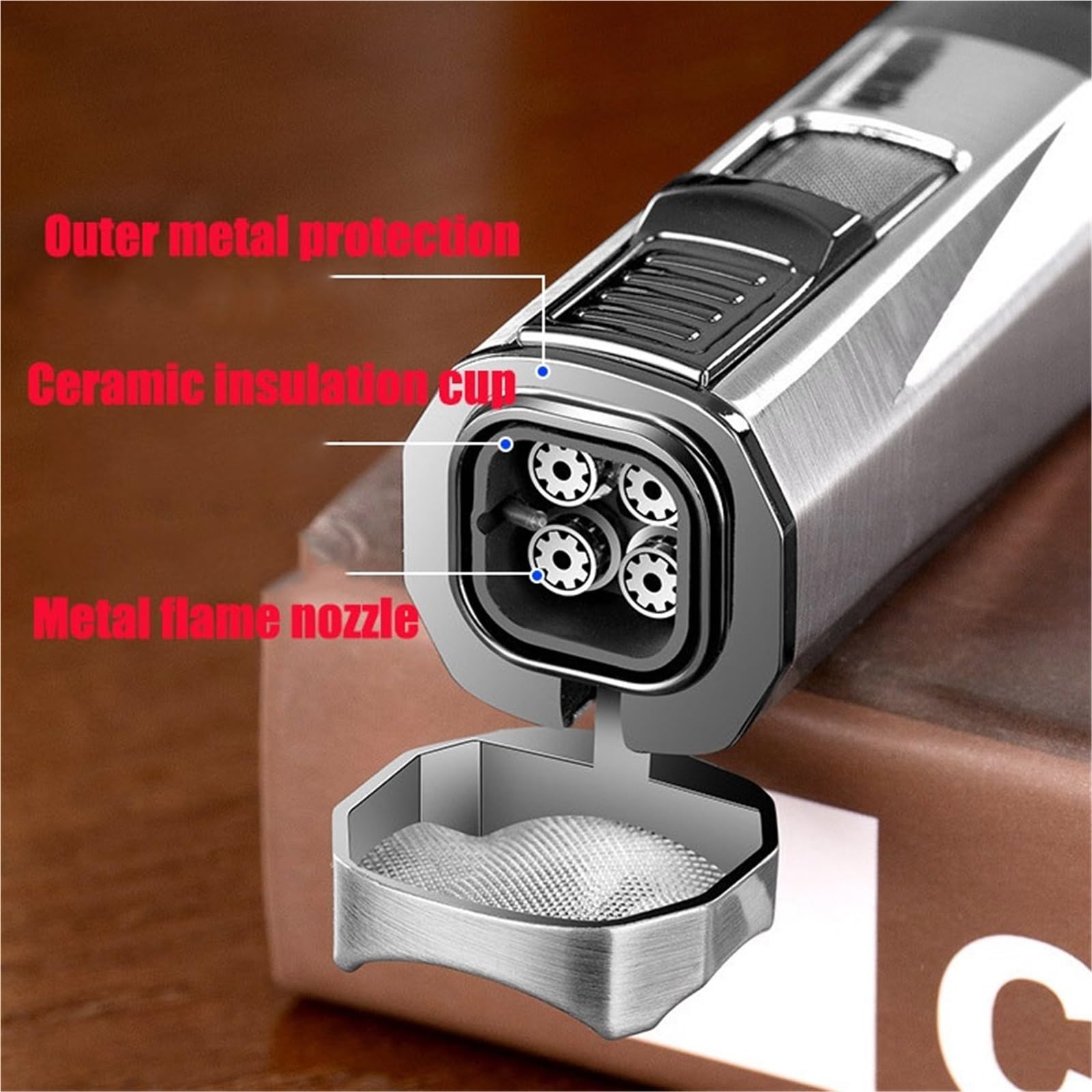 Briquet Jet Flamme Rechargeable avec 4 Flammes Design Coupe-Vent pour Homme et Femme Idéal pour Extérieur (gaz non inclus)