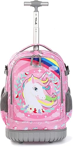 Tilami Mochila rodante con diseño de ruedas de carretilla, lindo estampado de dibujos animados para niños y niñas, viajes, escuela, viaje de