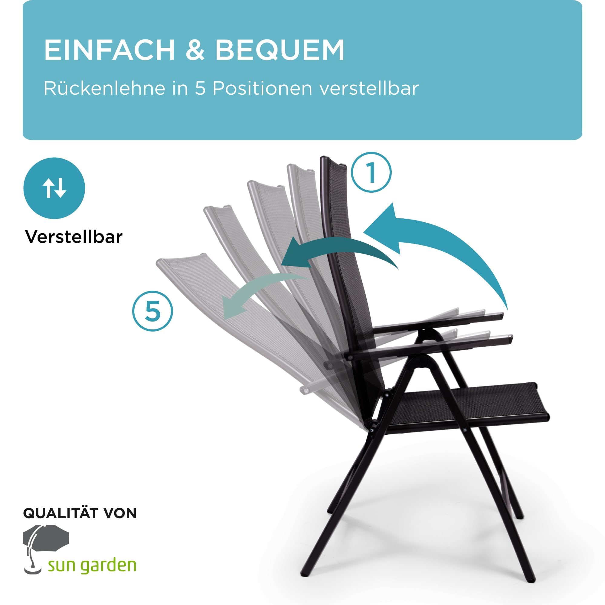 Hochlehner Gartenstuhl klappbar aus Aluminium, 2-Fach pulverbeschichtet, wetterfest, leicht, 5-Fach verstellbar, Made in EU, 2er Set, Anthrazit