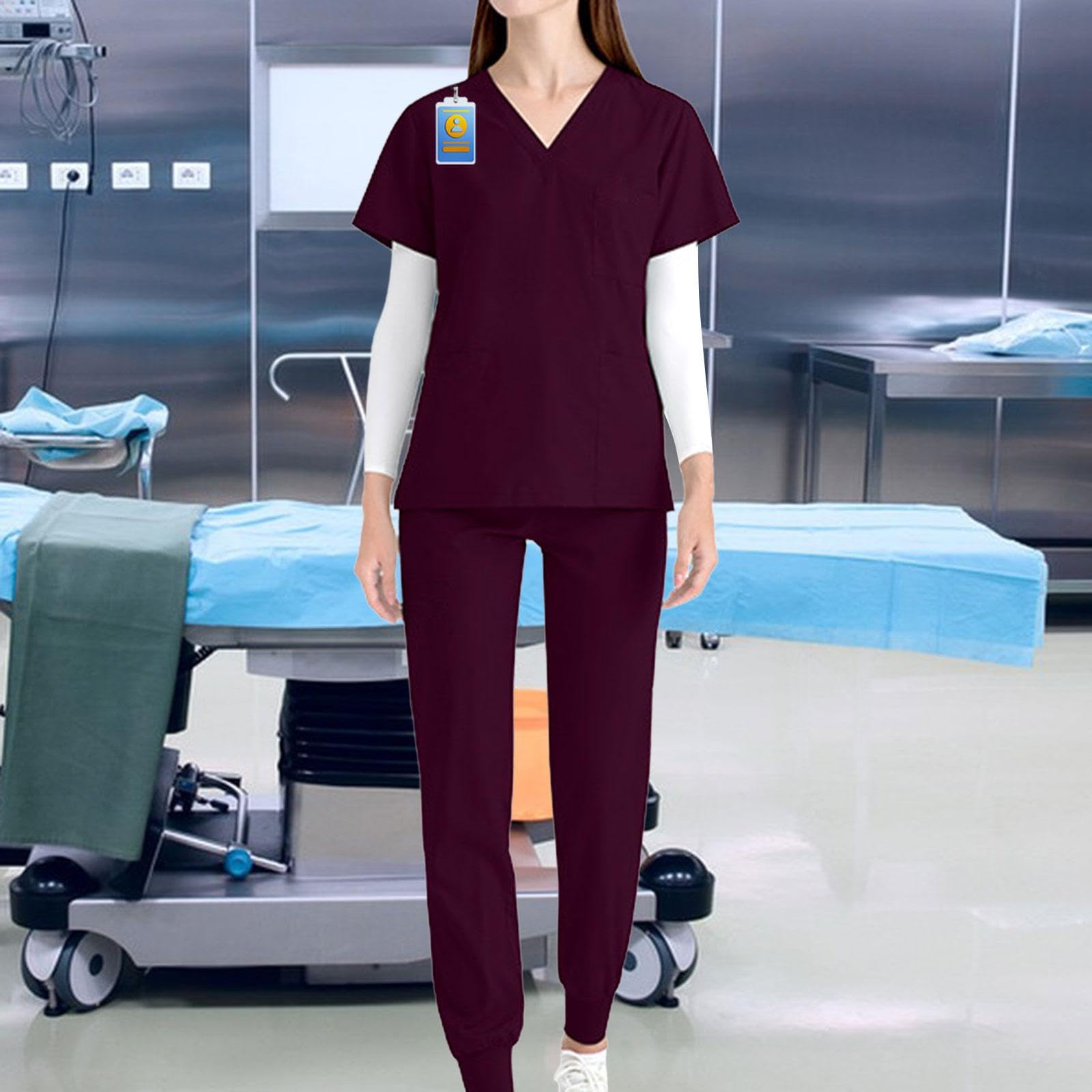 Amagogo Uniformen OP-Bekleidungsset Arbeitsanzüge, Krankenschwester-Oberteil und -Hose Damen-Pflegeuniform V-Ausschnitt Kurzarm-Arbeitskleidung für Pet Shop, Dunkelrot, m